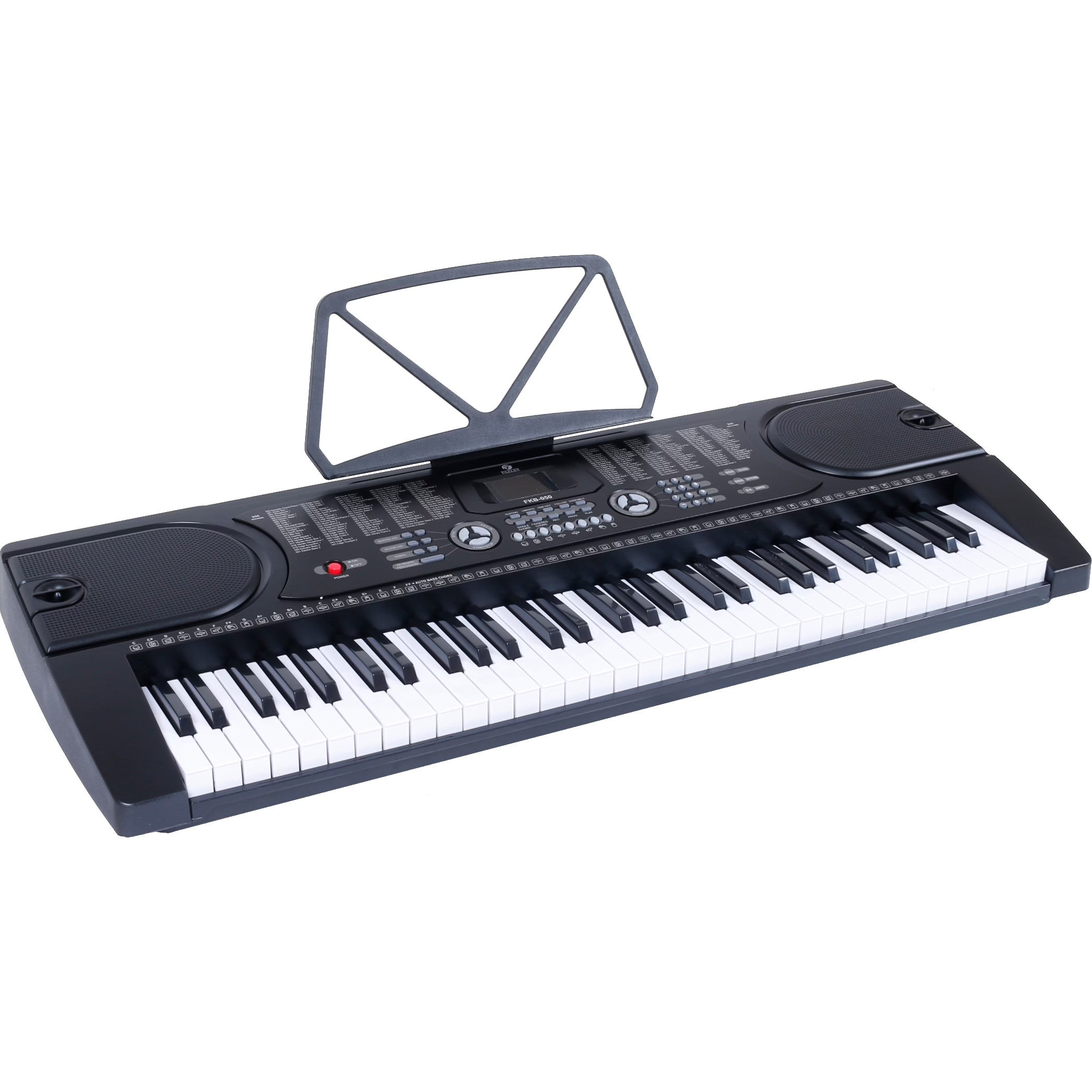 Zwarte digitale piano met lessenaar en witte/zwarte toetsen.