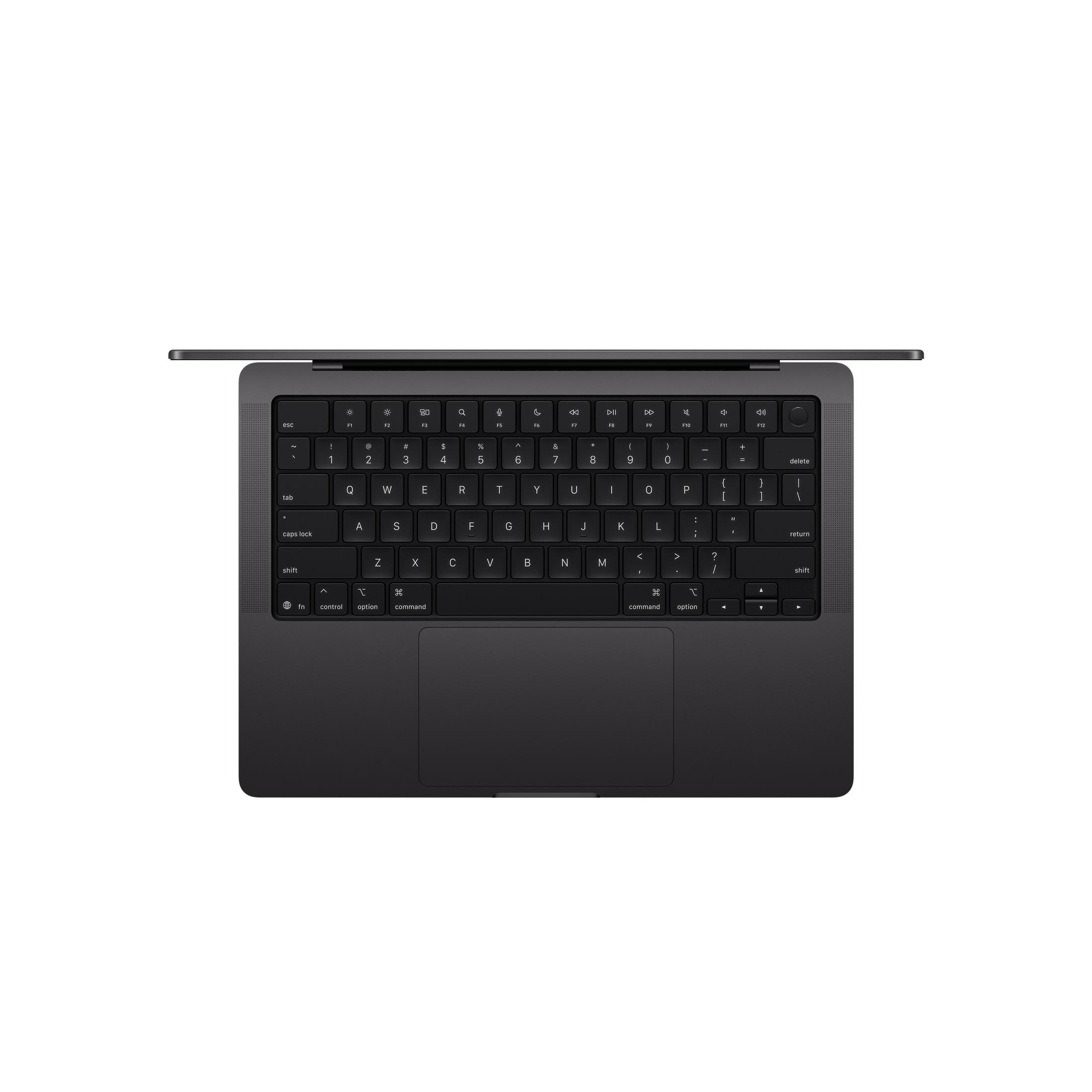 Disposition de clavier d'ordinateur portable gris foncé avec pavé tactile. Étiquettes de touches blanches.