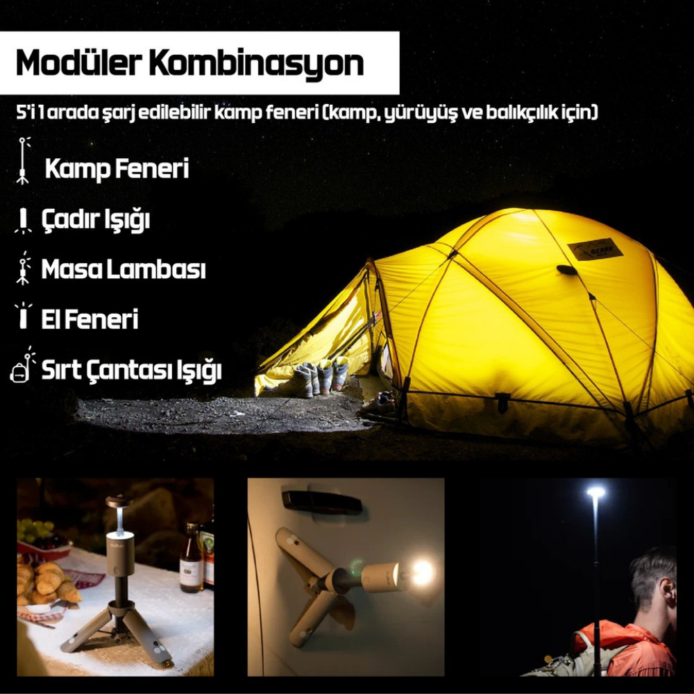 Geceleyin sarı bir çadır. Altında çeşitli konfigürasyonlarda kamp lambalarının üç resmi.