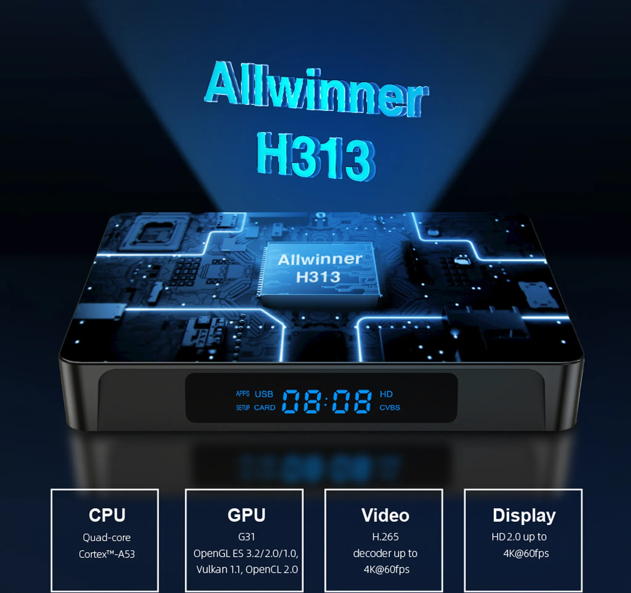 Allwinner H313 Box mit CPU, GPU, Video & Display Spezifikationen.