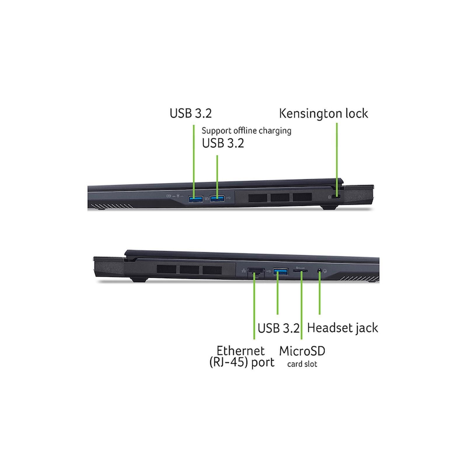 Widok boczny laptopa z portami USB 3.2, Ethernet, MicroSD i blokadą Kensington.