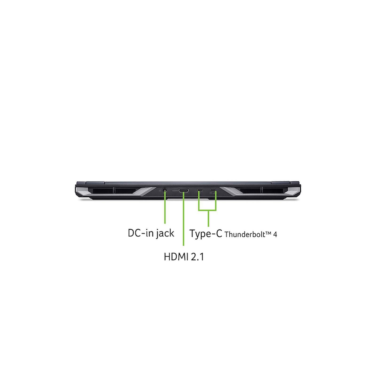 Boczny widok laptopa z portami DC-in, HDMI 2.1 i Thunderbolt 4.