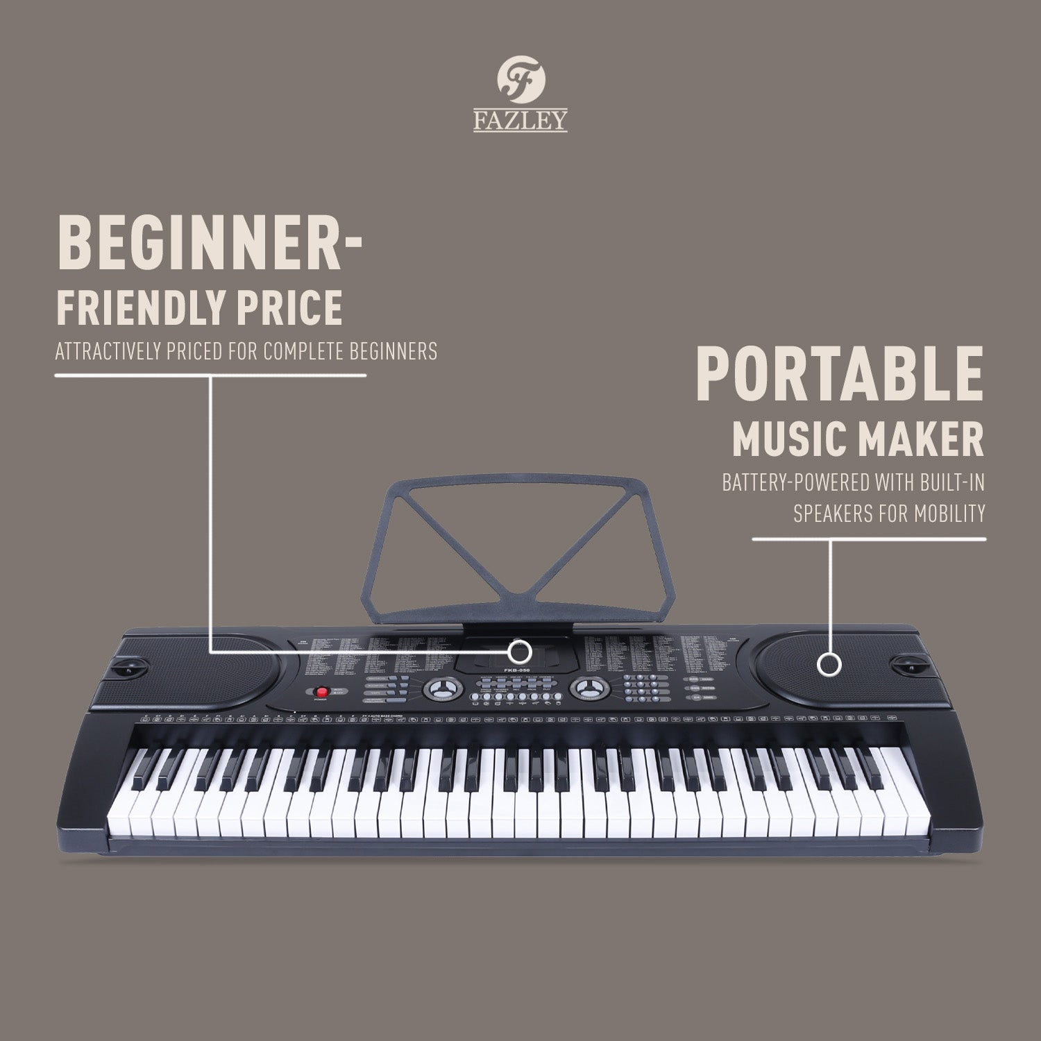 Zwart keyboard met witte en zwarte toetsen, muziekstandaard en luidsprekers. Beginnersvriendelijk.