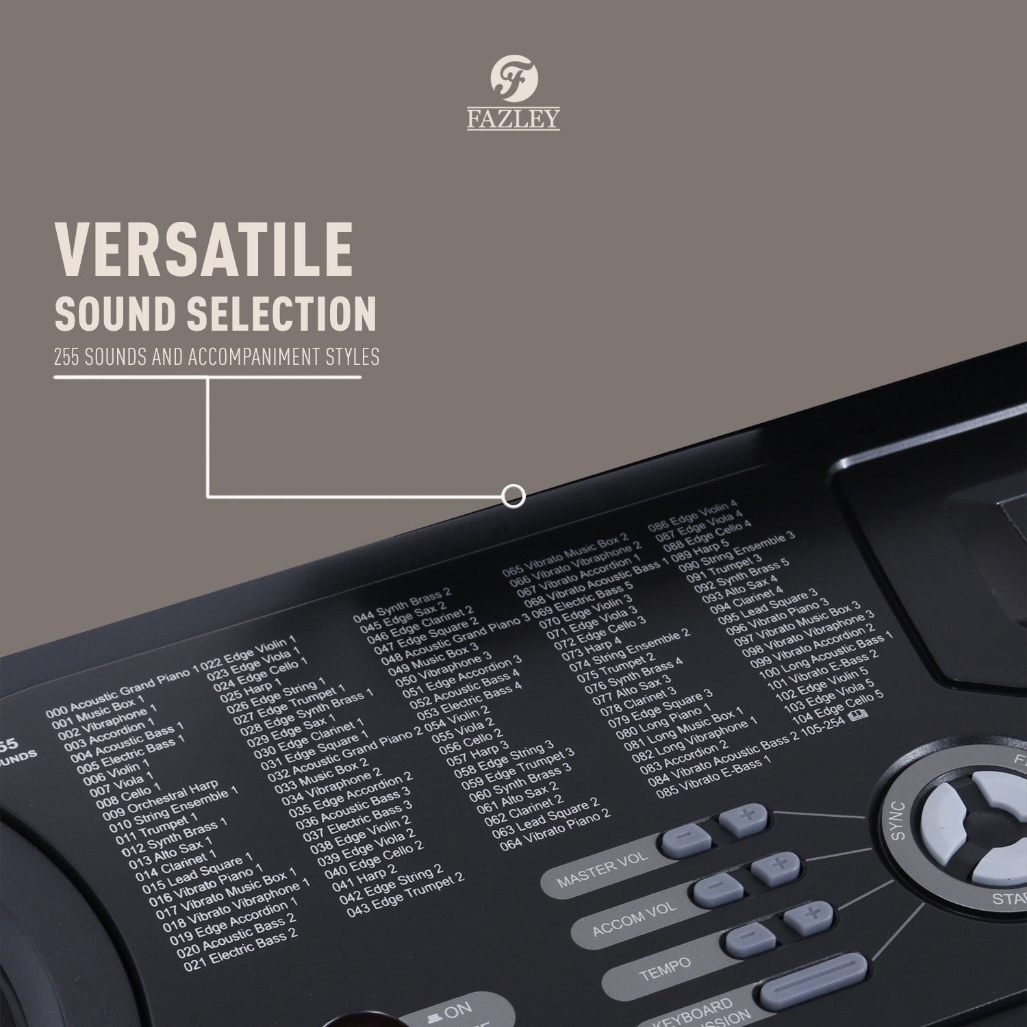 Een zwart keyboard met een lijst van instrumenten en bedieningselementen. Tekst: 'VERSATILE SOUND SELECTION'.