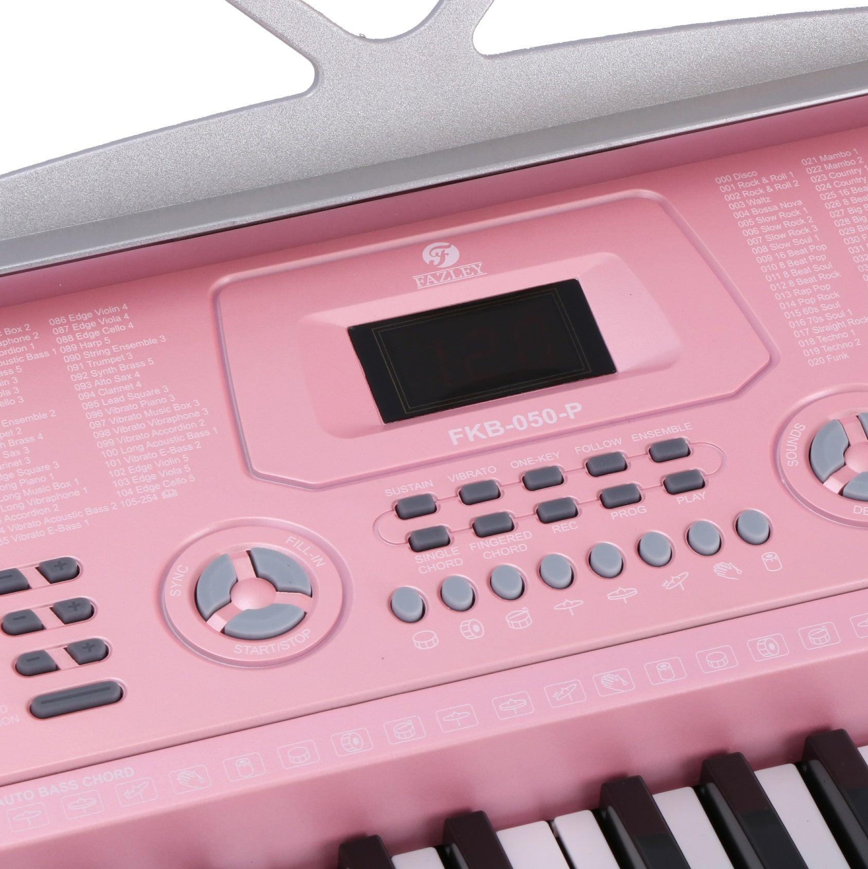 Een roze Fazley FKB-050-P keyboard met toetsen en bedieningsknoppen.