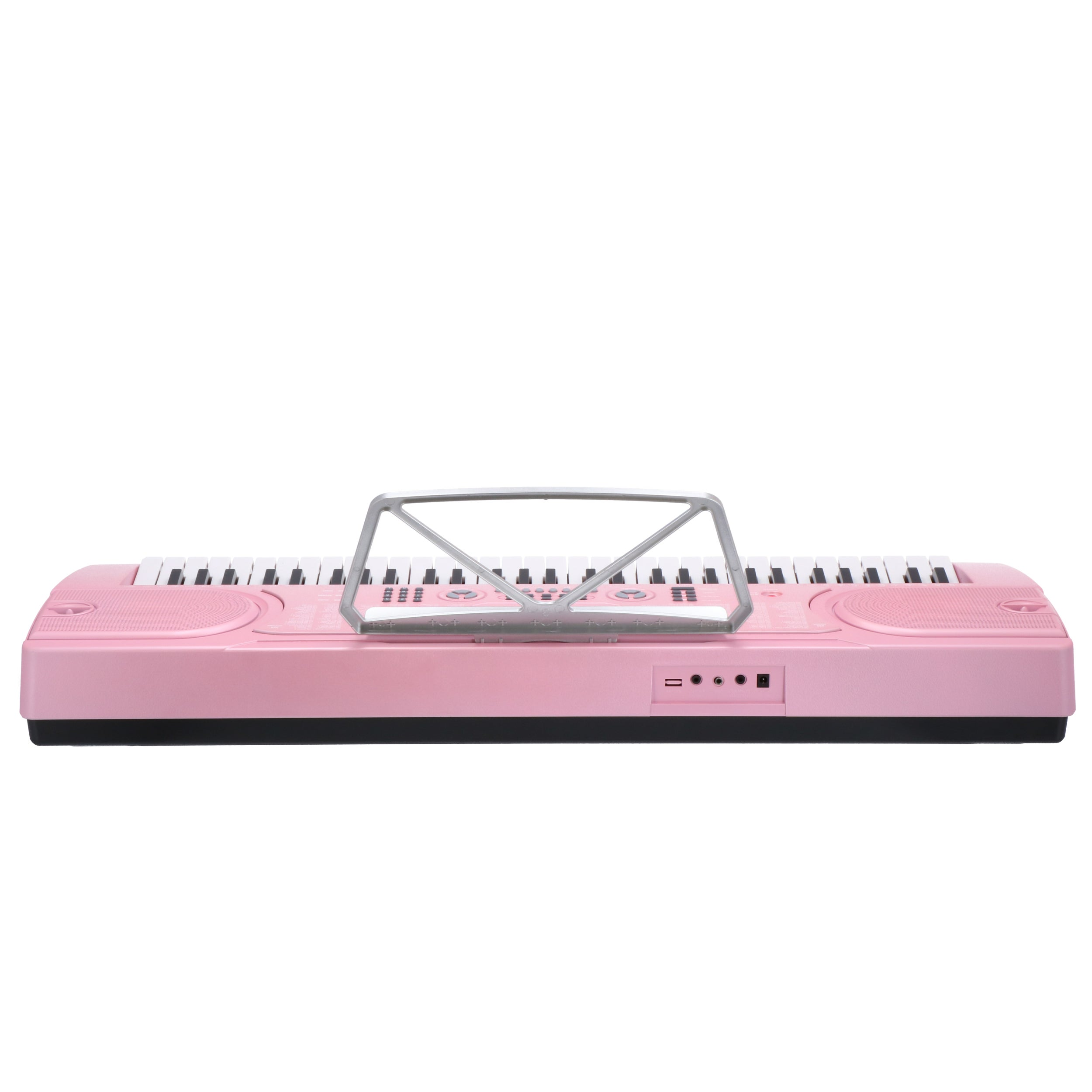 Een roze keyboard met zwart-witte toetsen en een muziekstandaard.