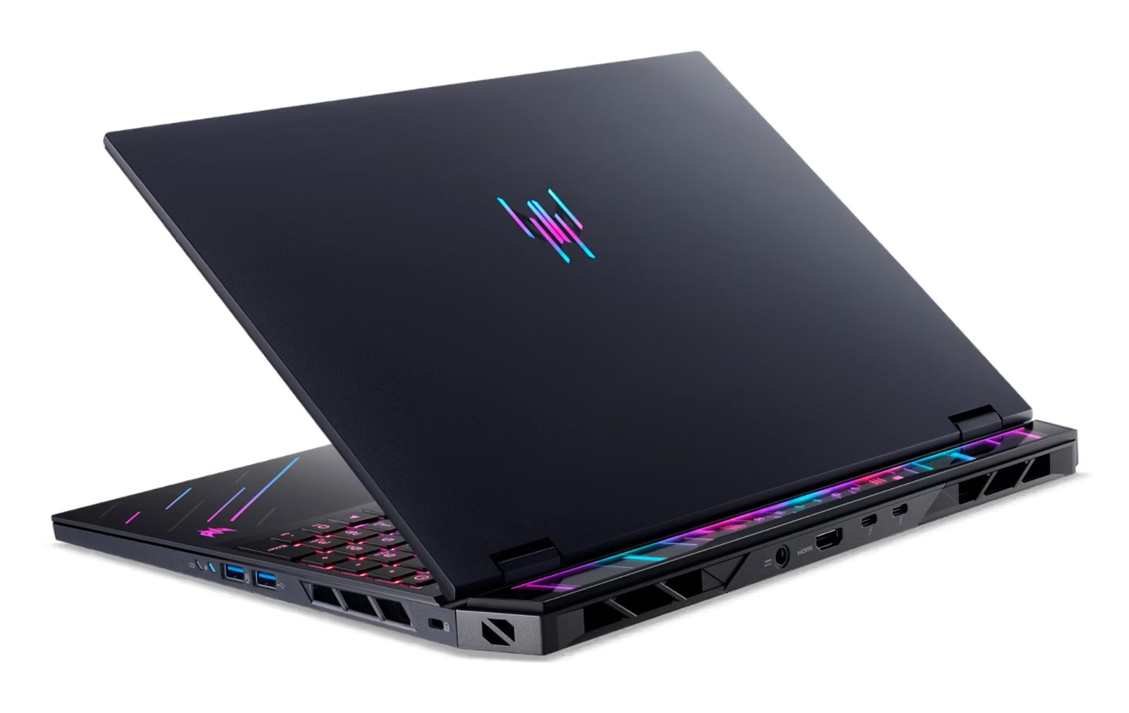 Czarny laptop z podświetlaną klawiaturą i logo.