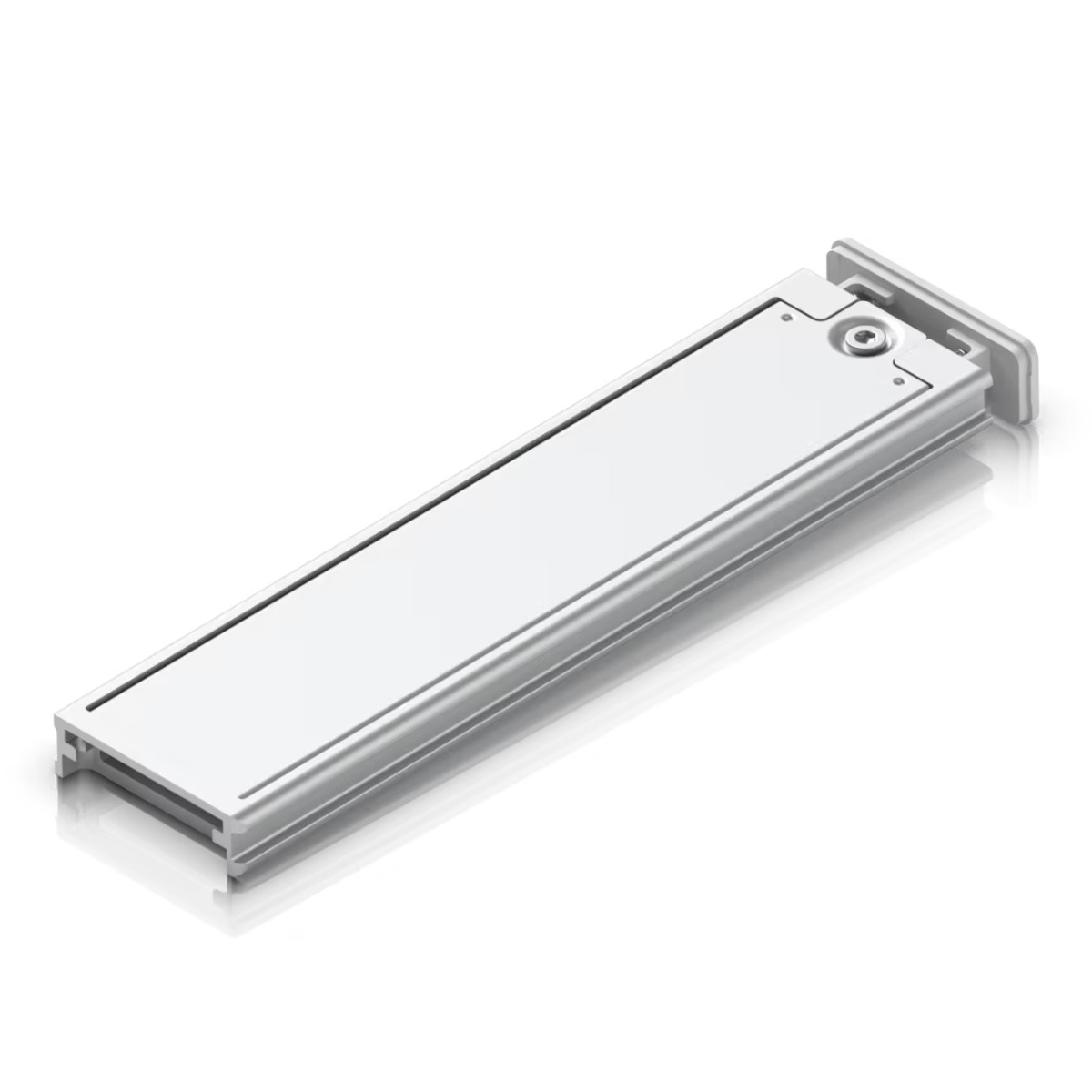 Un componente argentato ed elegante con superficie liscia e un piccolo elemento circolare.