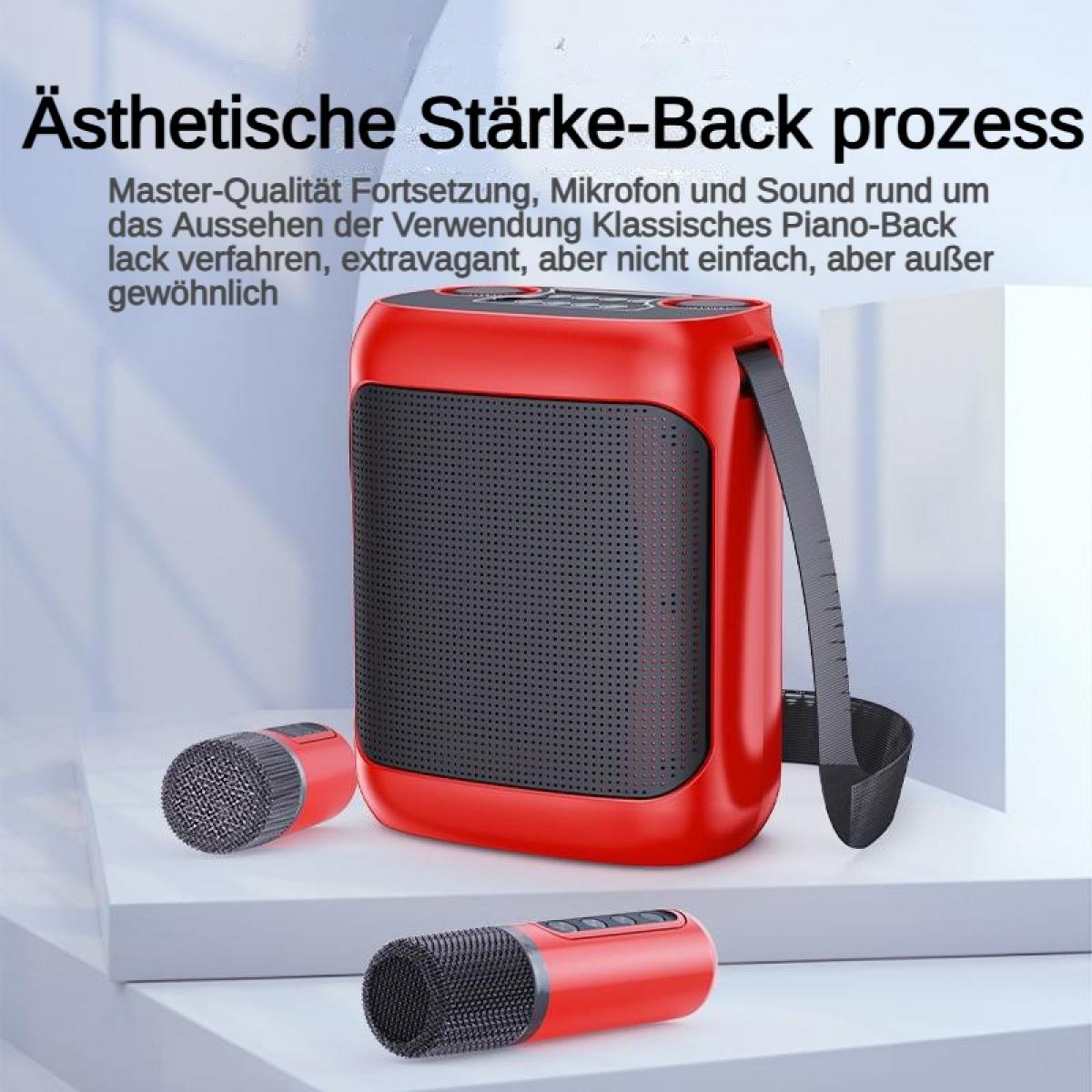 Ein roter Lautsprecher mit zwei Mikrofonen steht auf einer weißen Oberfläche.