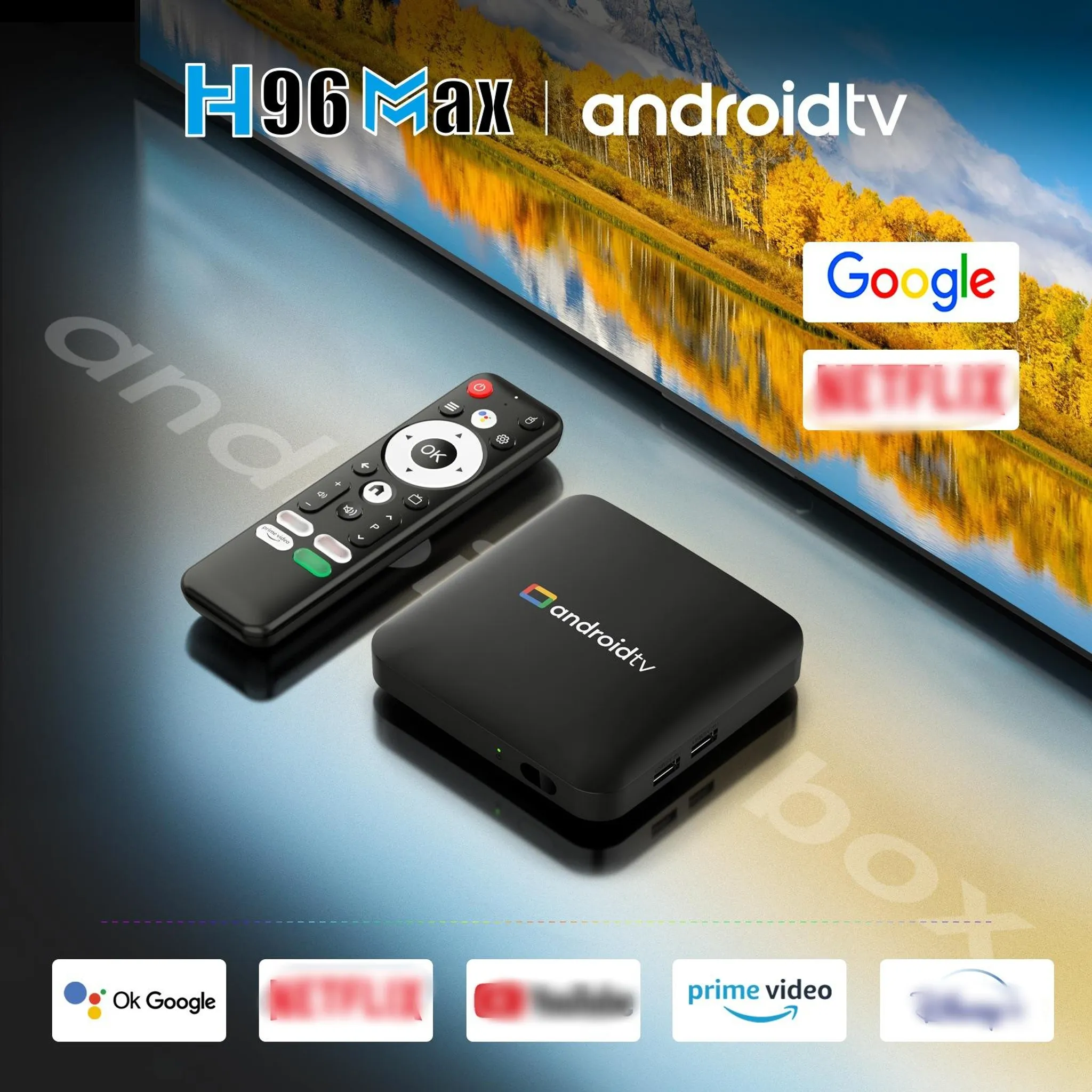H96 Max Android TV Box mit Fernbedienung und Apps wie Google, Netflix.