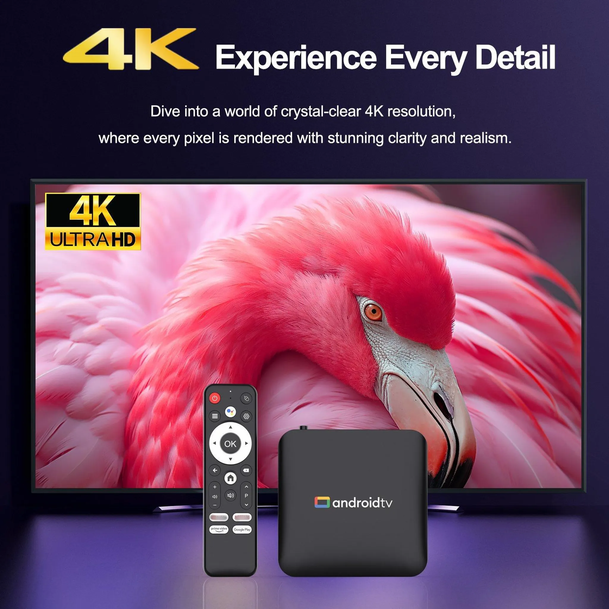 Ein 4K-Fernseher zeigt einen Flamingo. Daneben liegen eine Fernbedienung und eine Android TV Box.