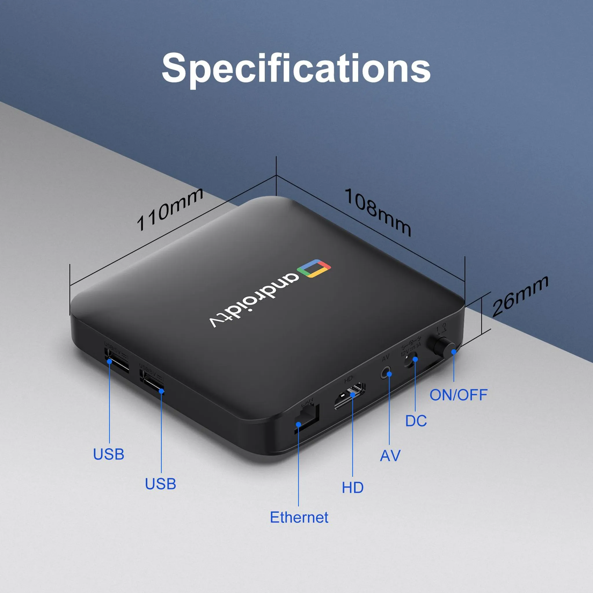 Ein schwarzer Android TV-Box mit Anschlüssen: USB, HD, AV, Ethernet, DC und ON/OFF.