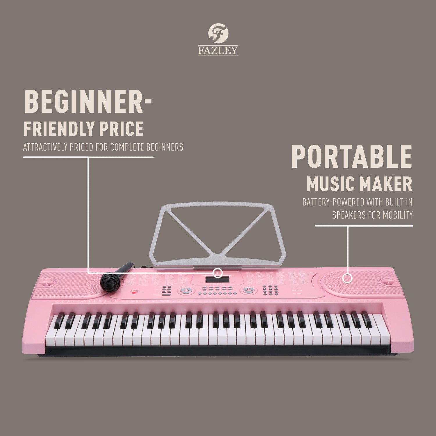 Een roze keyboard met microfoon en muziekstandaard. Voor beginners.