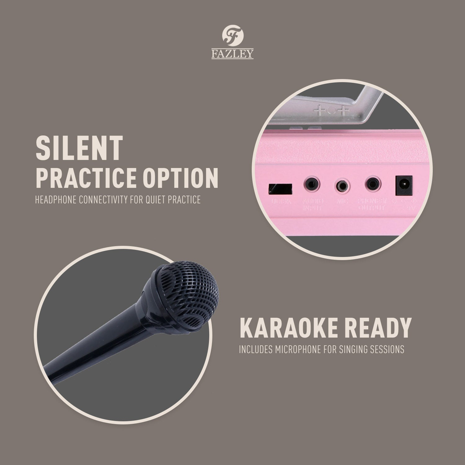 Roze keyboard met poorten, microfoon en tekst over oefenen/karaoke.