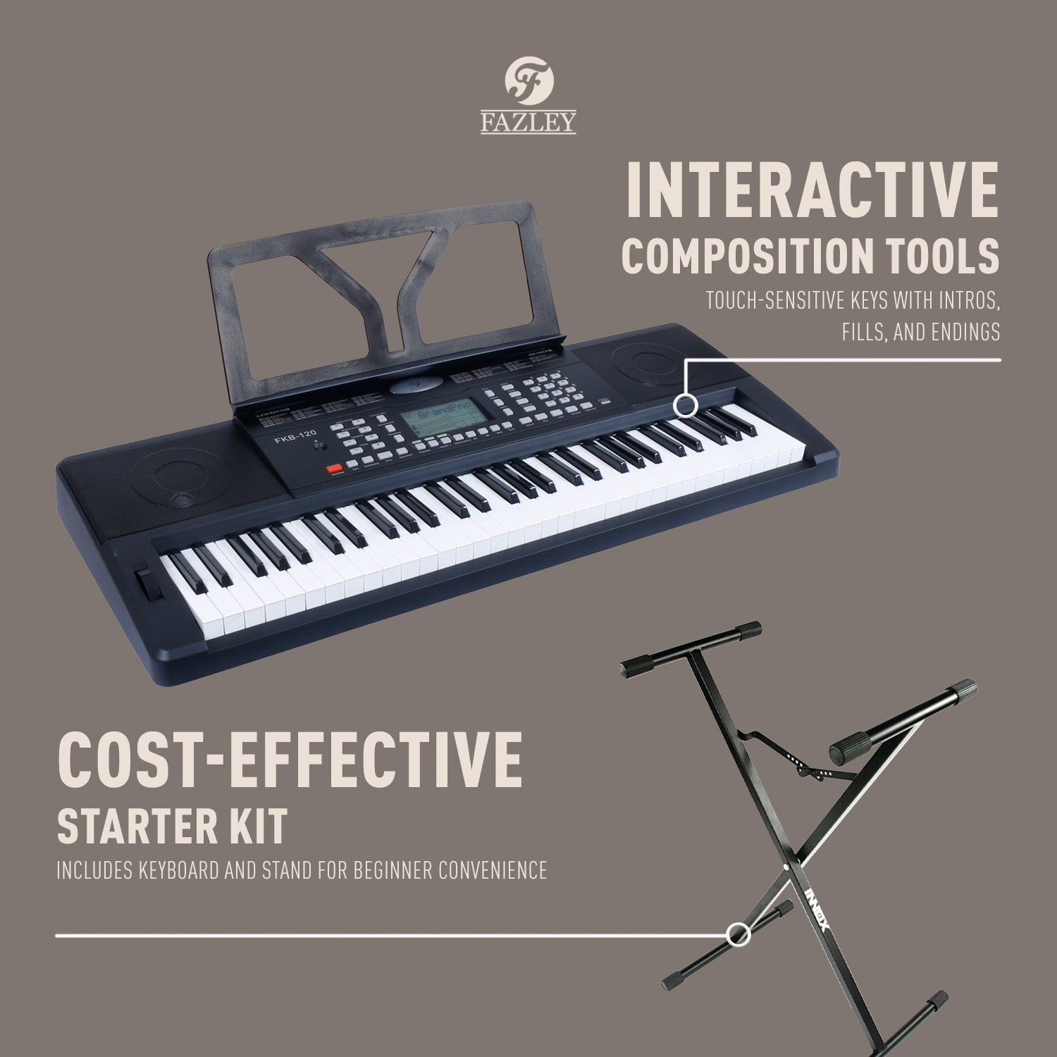 Zwart keyboard met muziekstandaard en X-standaard. Tekst over interactieve tools.