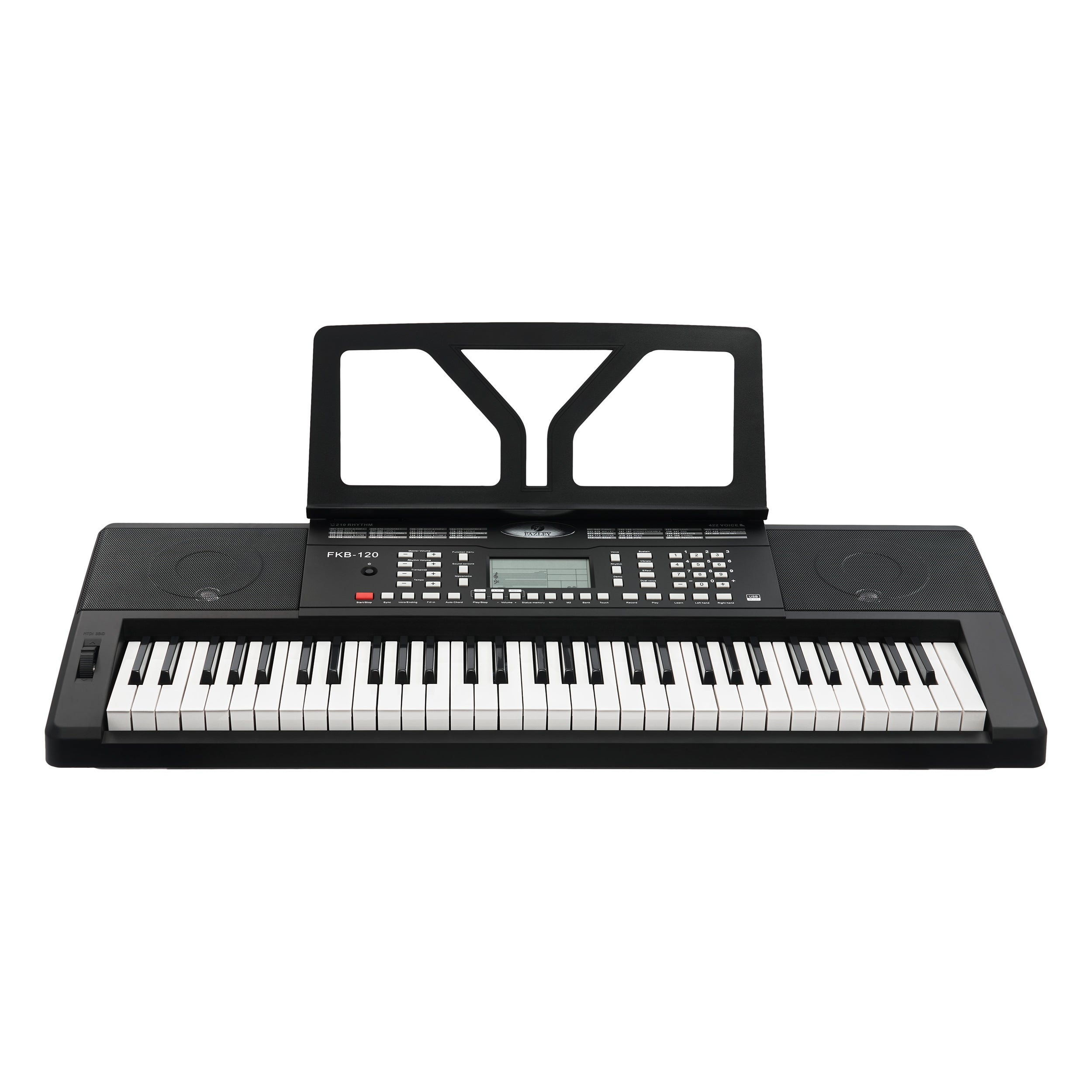 Een zwart keyboard met muziekstandaard, witte en zwarte toetsen.