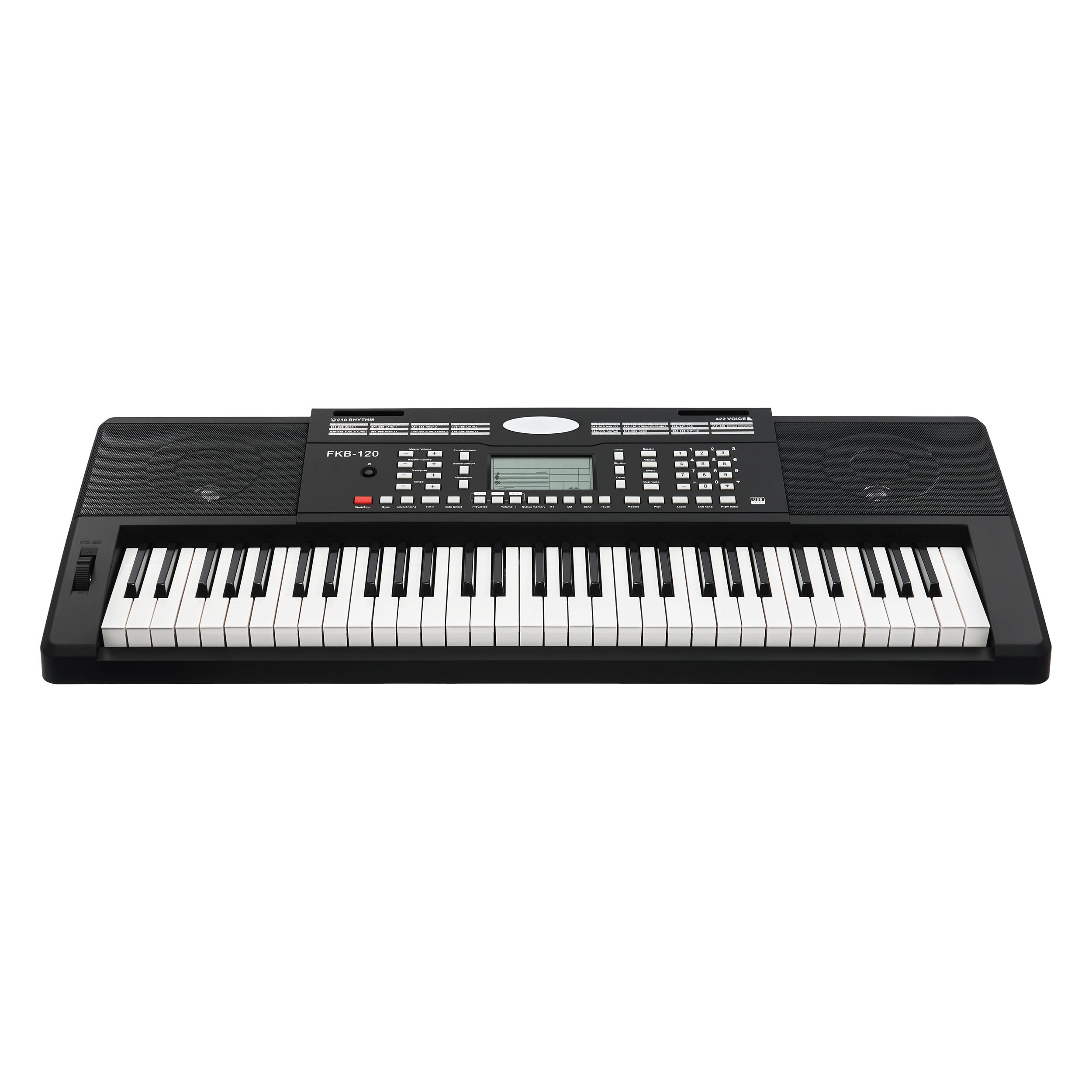 Zwart elektronisch keyboard met witte en zwarte toetsen, luidsprekers en bedieningsknoppen.