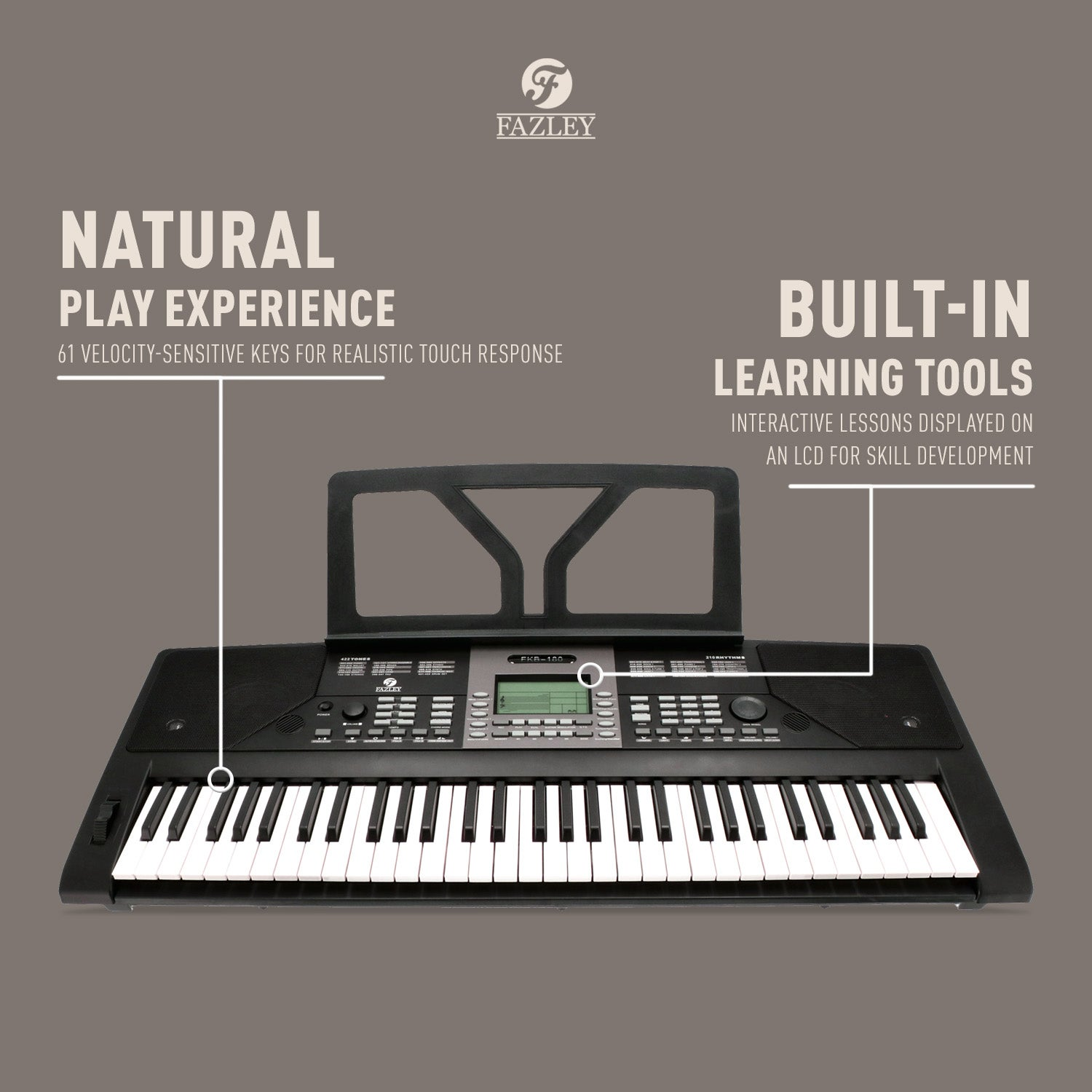 Een zwart Fazley keyboard met 61 toetsen en muziekstandaard.
