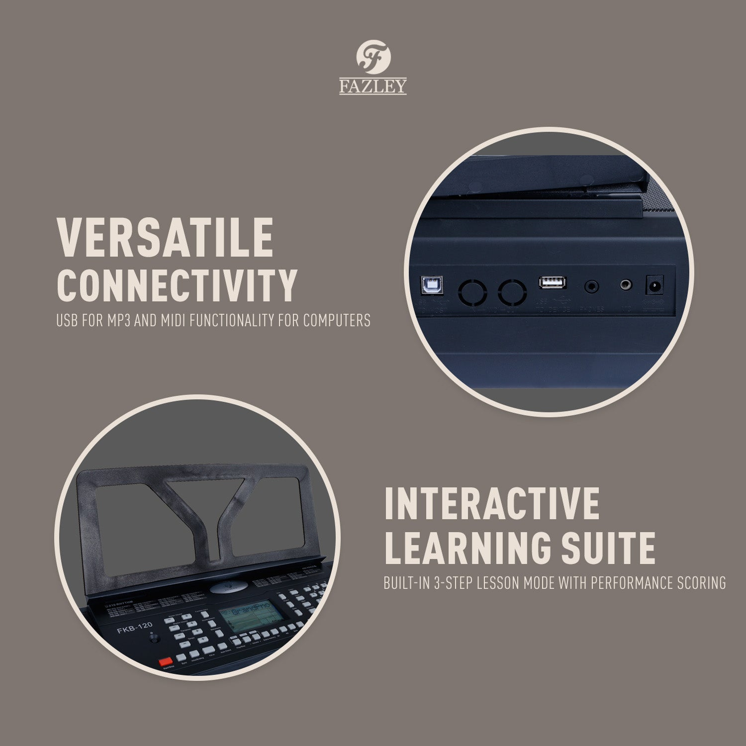 Fazley keyboard met "Veelzijdige Connectiviteit" en "Interactieve Leeromgeving".