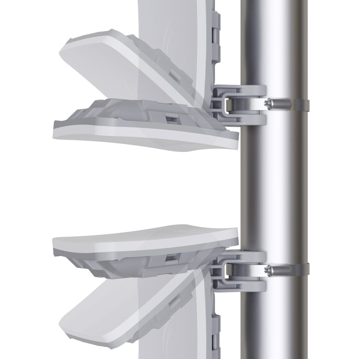 Due antenne bianche con supporti grigi fissate a un palo argentato.