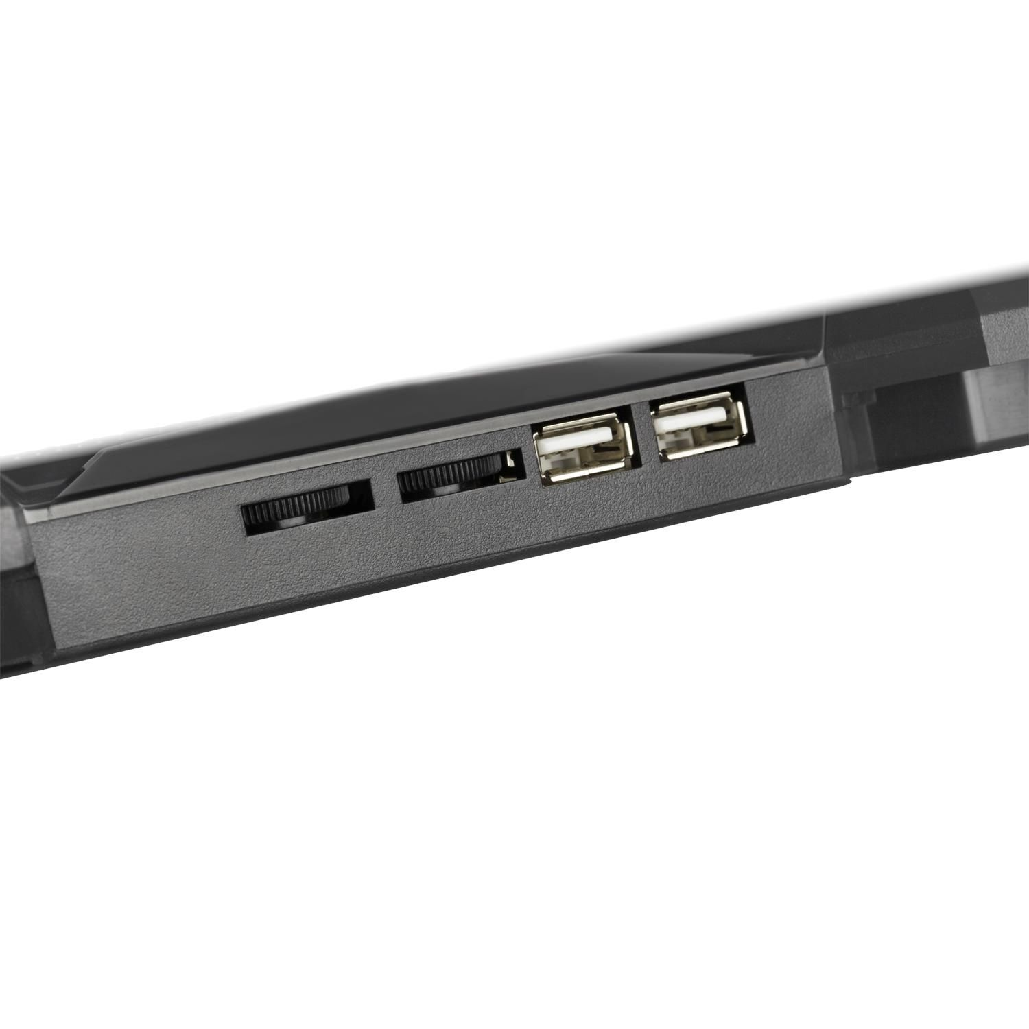 Nahaufnahme von zwei USB-Anschlüssen und zwei Reglern an einem schwarzen Gerät.