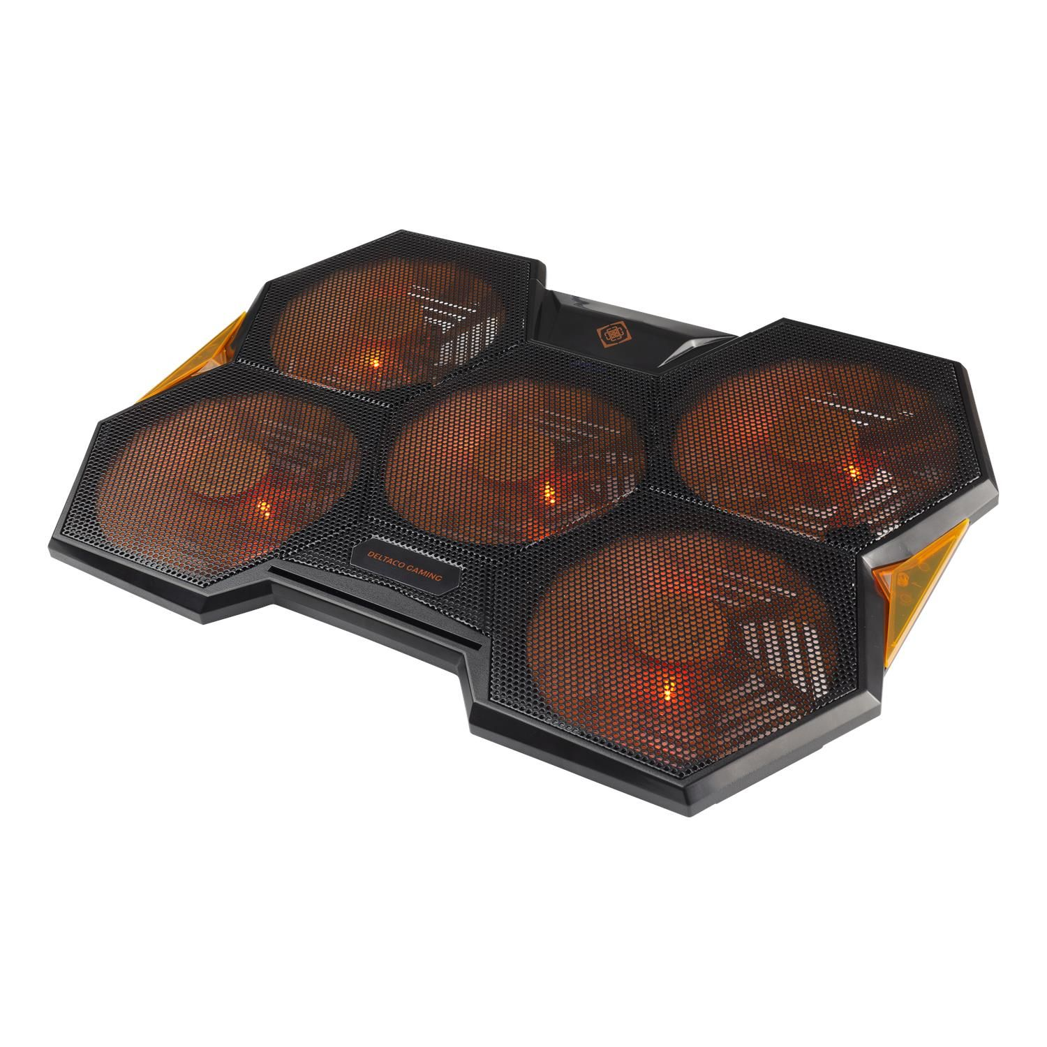 Schwarzer Laptopkühler mit fünf orange beleuchteten Lüftern und gelben Akzenten.