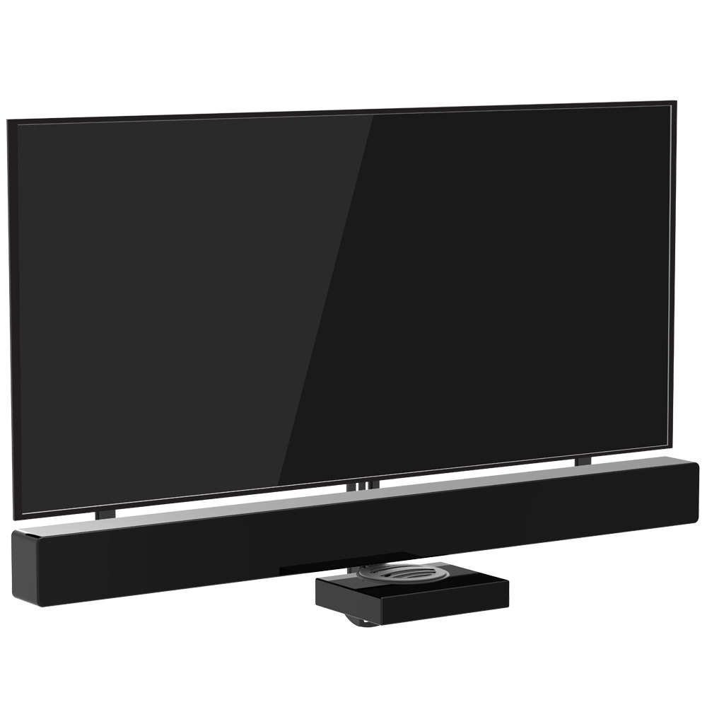 Een zwarte televisie met soundbar en mediaspeler.
