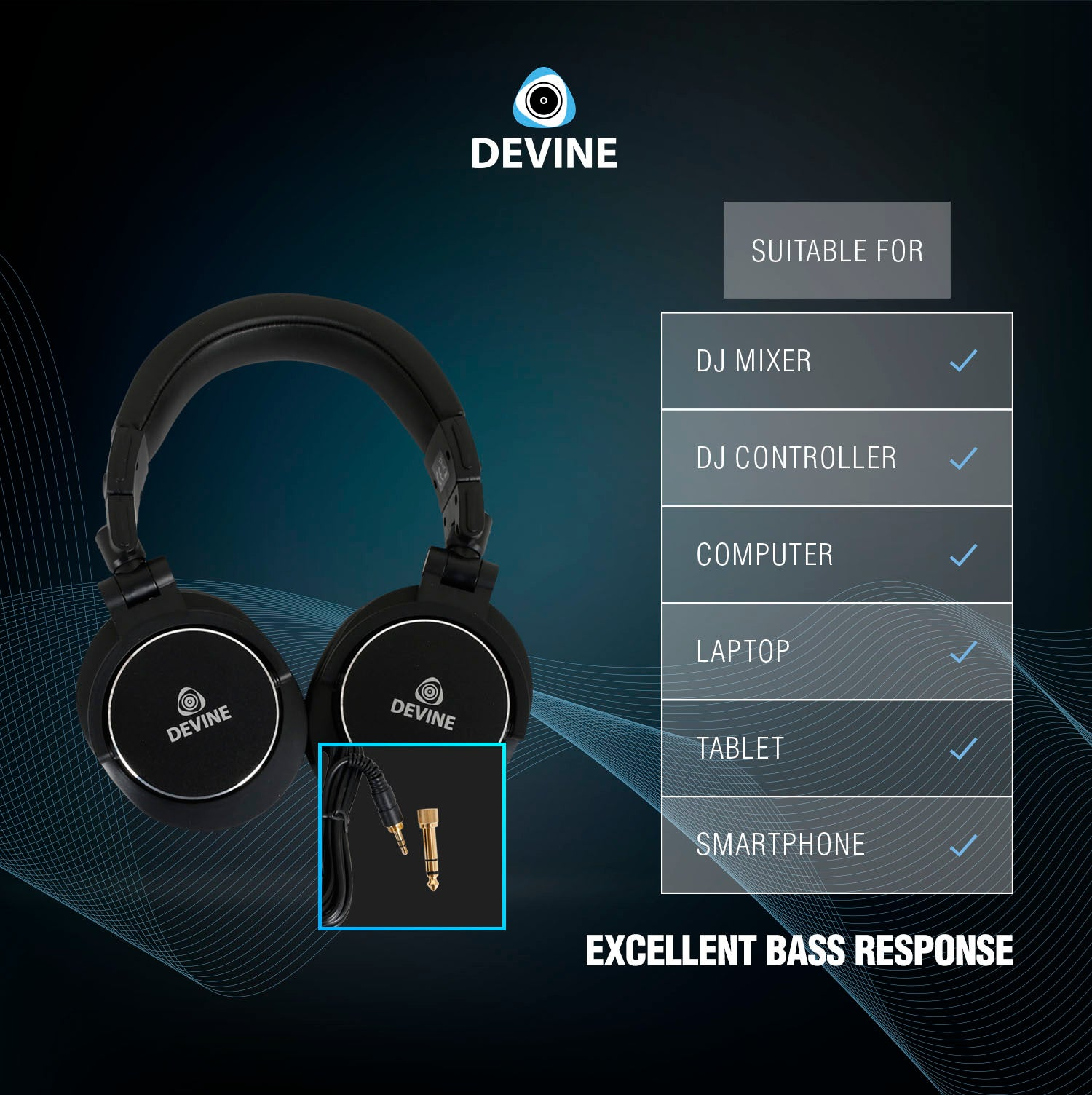 Zwarte Devine koptelefoon met kabeladapter, geschikt voor DJ-mixer.