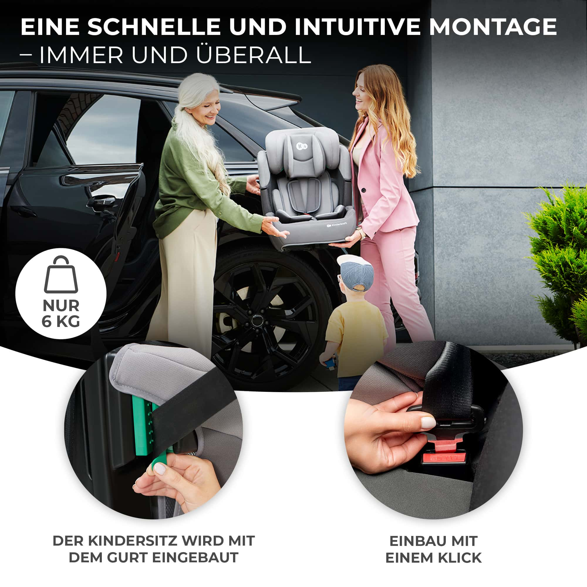 Zwei Frauen montieren einen Kindersitz in ein Auto. Nahaufnahme des Gurtes.