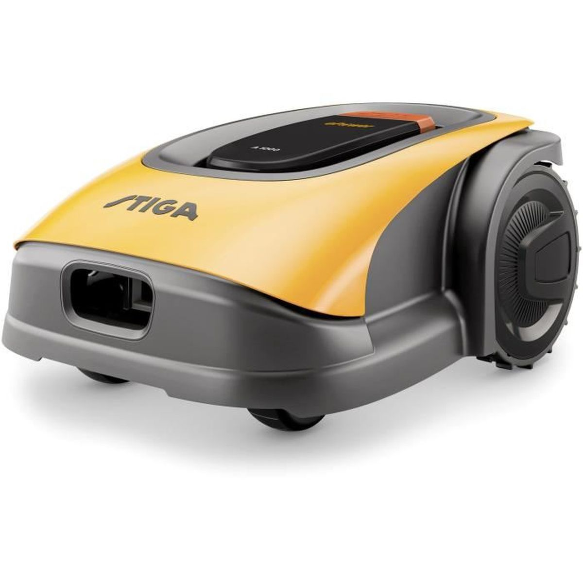 Un robot tosaerba Stiga giallo e grigio su sfondo bianco.