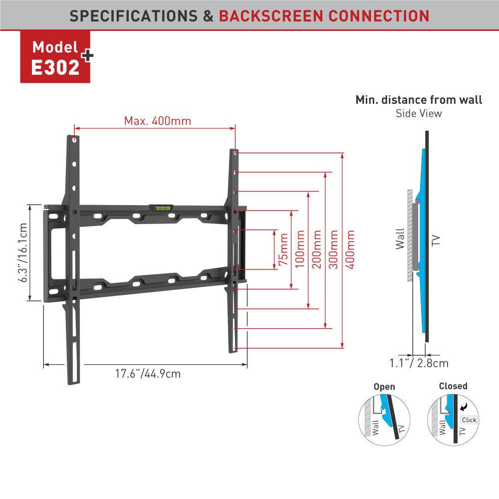 Diagramm einer TV-Wandhalterung E302 mit Abmessungen und Seitenansicht.