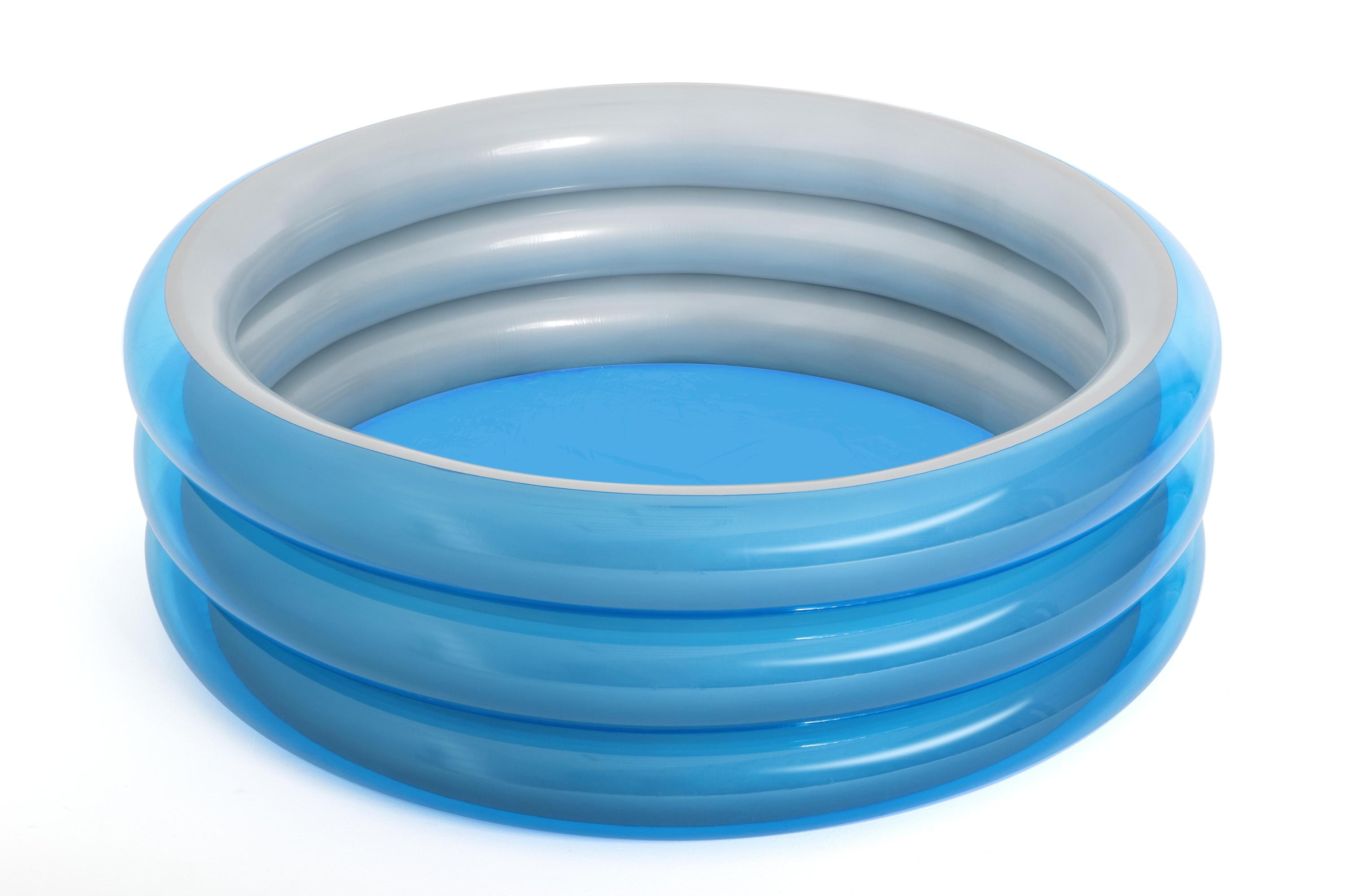 Opblaasbaar zwembad met drie ringen in blauw en grijs.