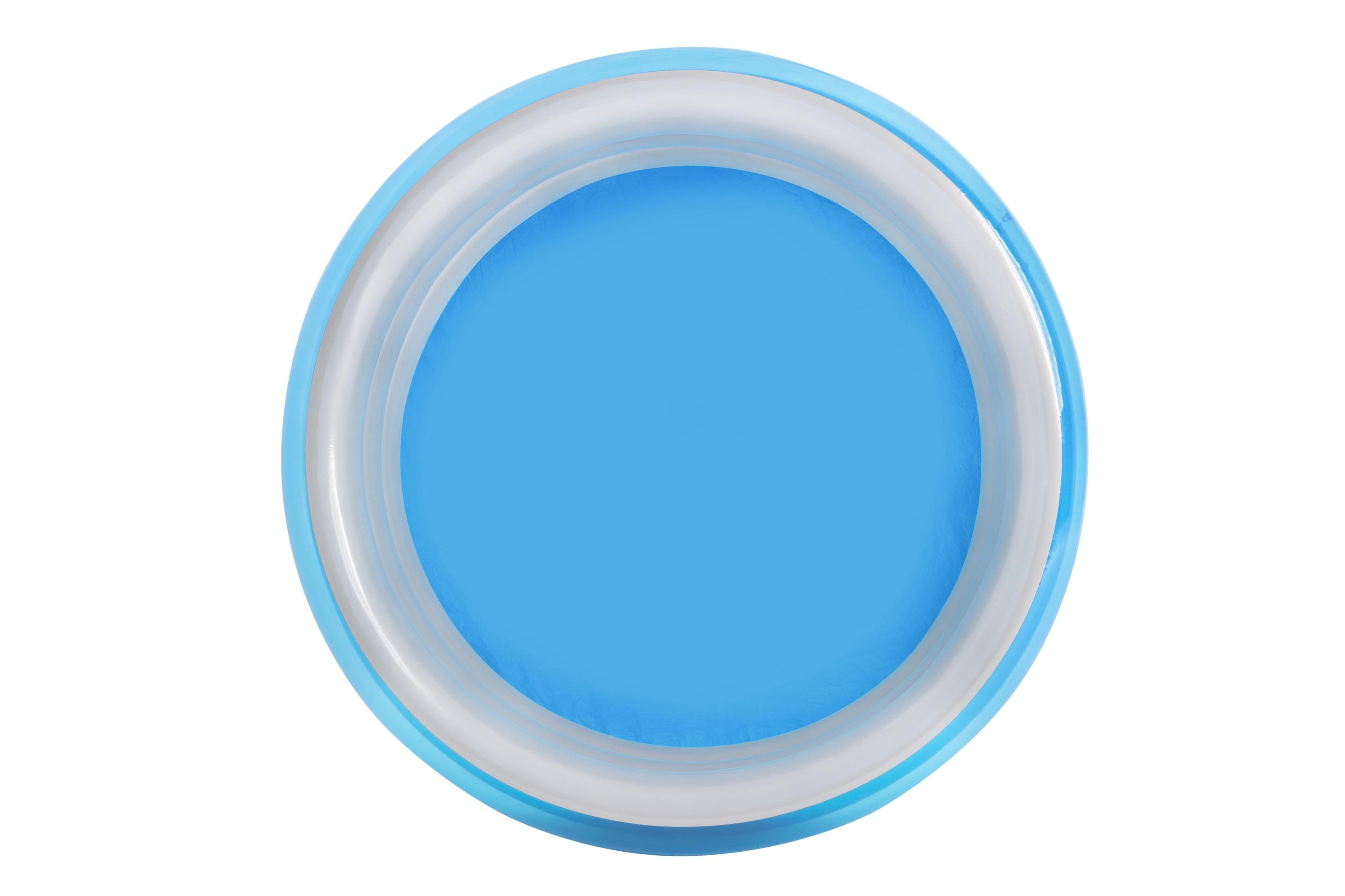 Een opblaasbare pool met blauw water en witte ringen.