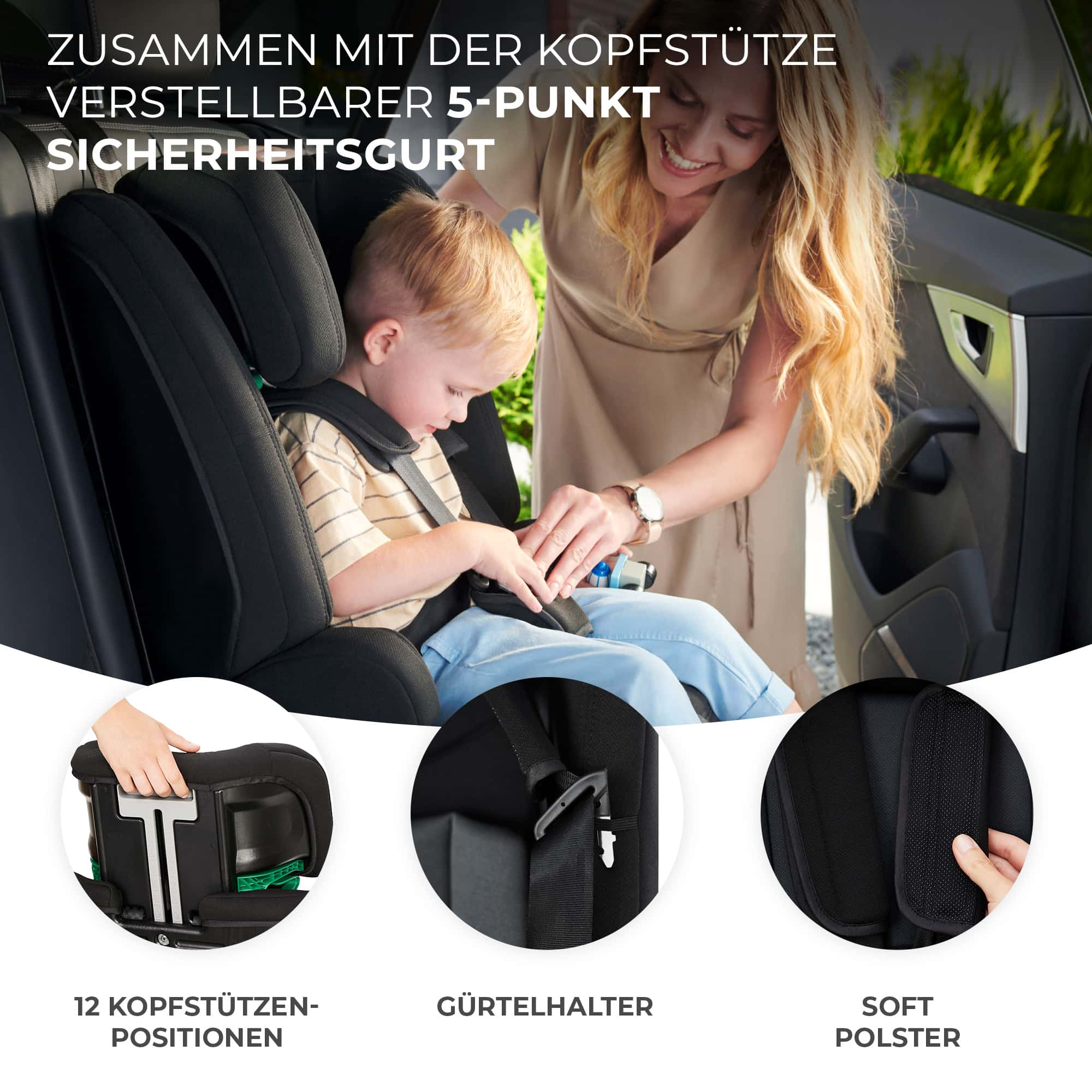 Frau sichert Kind in Autositz mit 5-Punkt-Gurt. Details: Kopfstütze, Gurtclip, Polster.