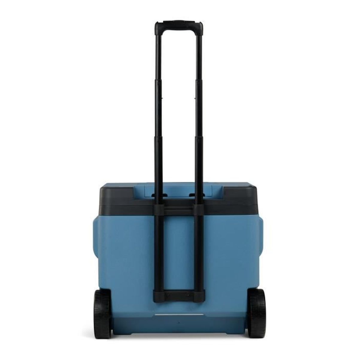Un frigorifero blu con ruote e manico estensibile.