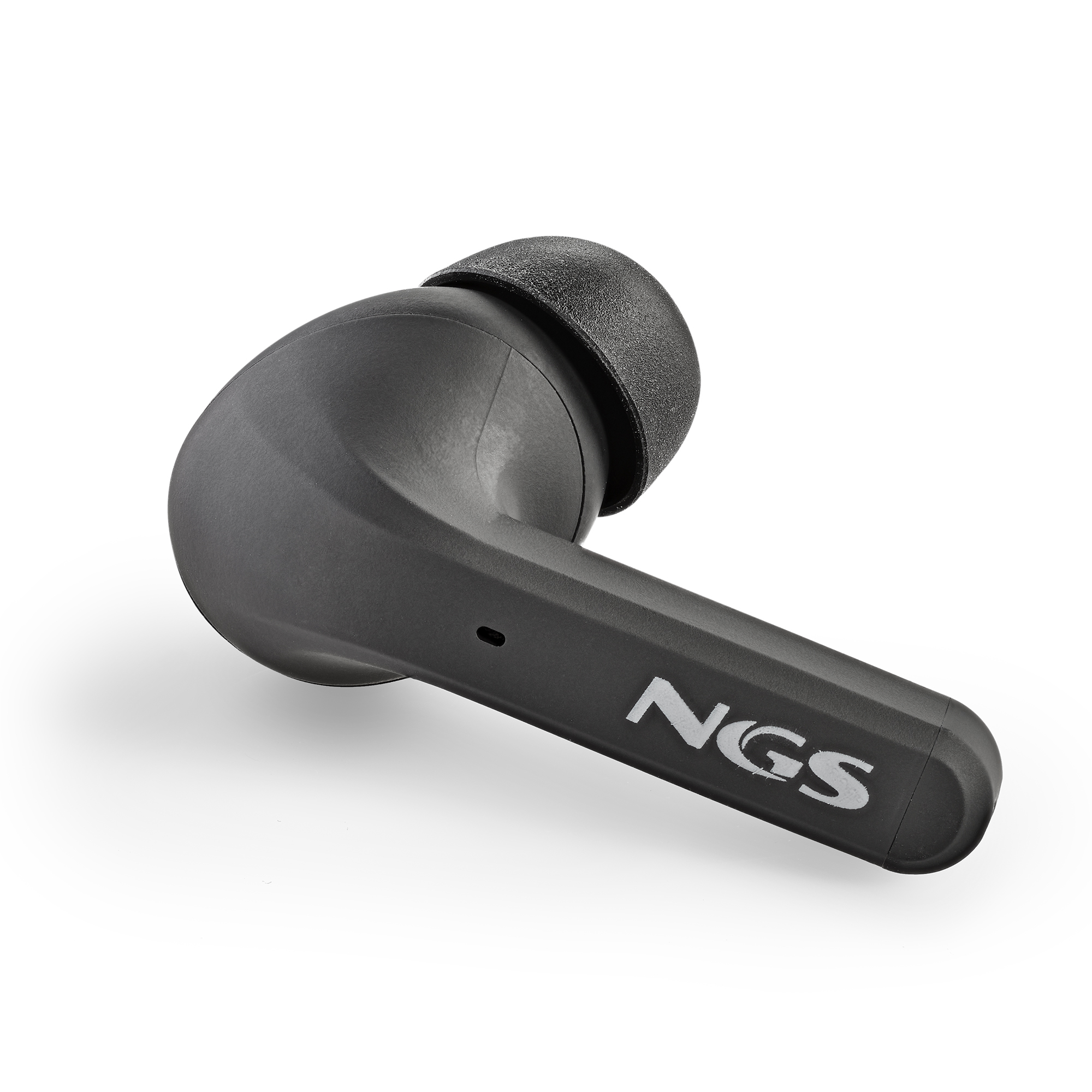 Schwarzer In-Ear-Kopfhörer mit NGS-Logo, auf weißem Hintergrund.