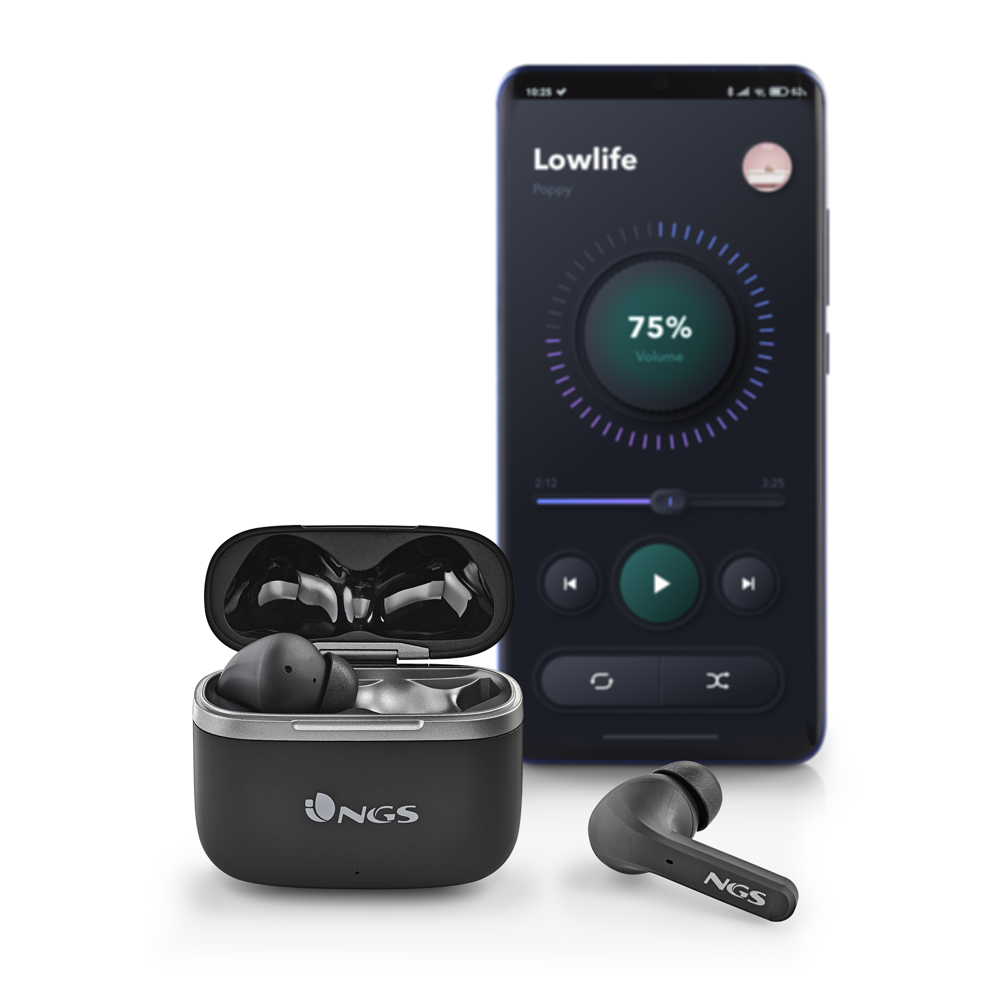 Schwarze kabellose Ohrhörer mit Ladecase und Smartphone, das die Lautstärkeanzeige zeigt.