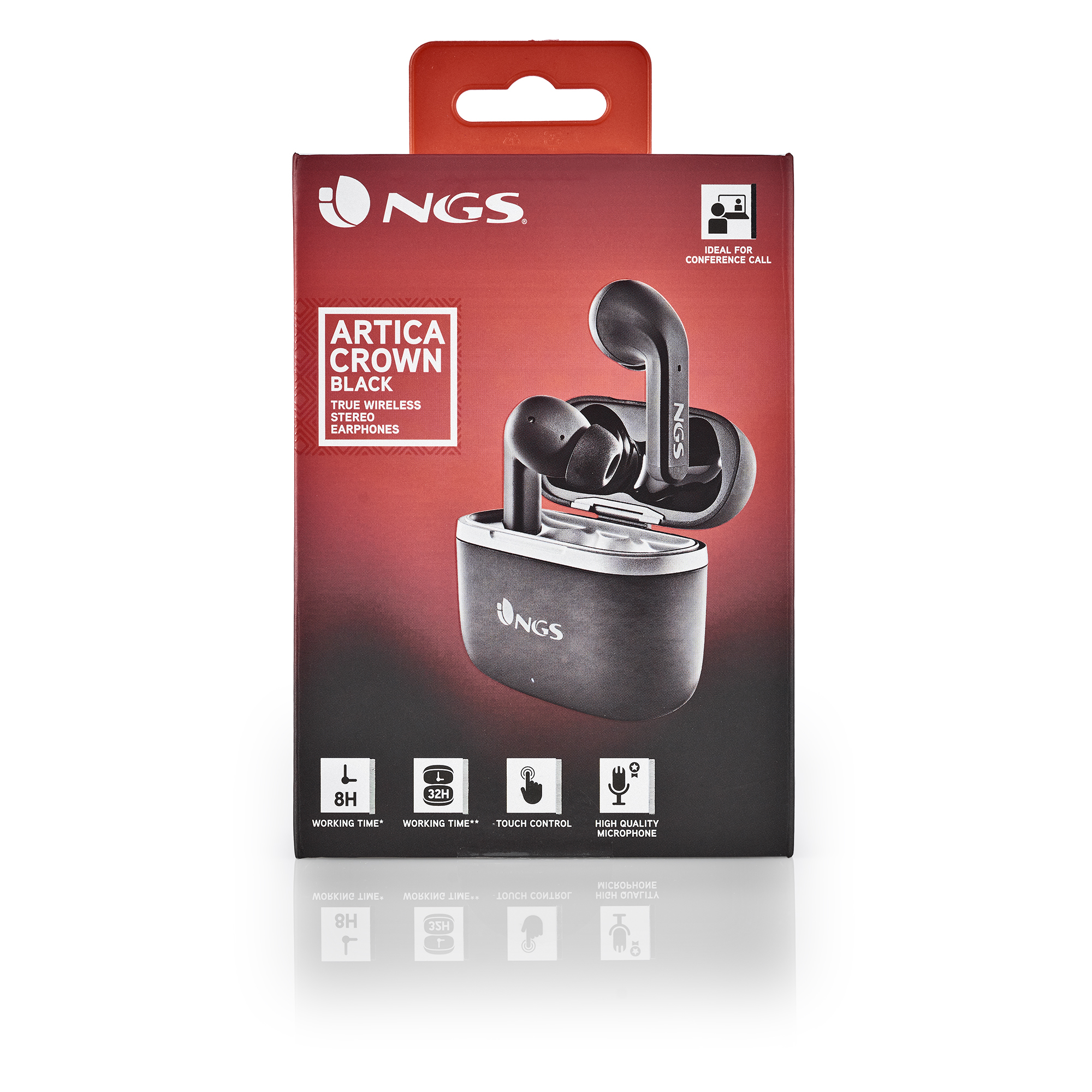 Verpackung von schwarzen NGS Artica Crown True Wireless Stereo-Ohrhörern.
