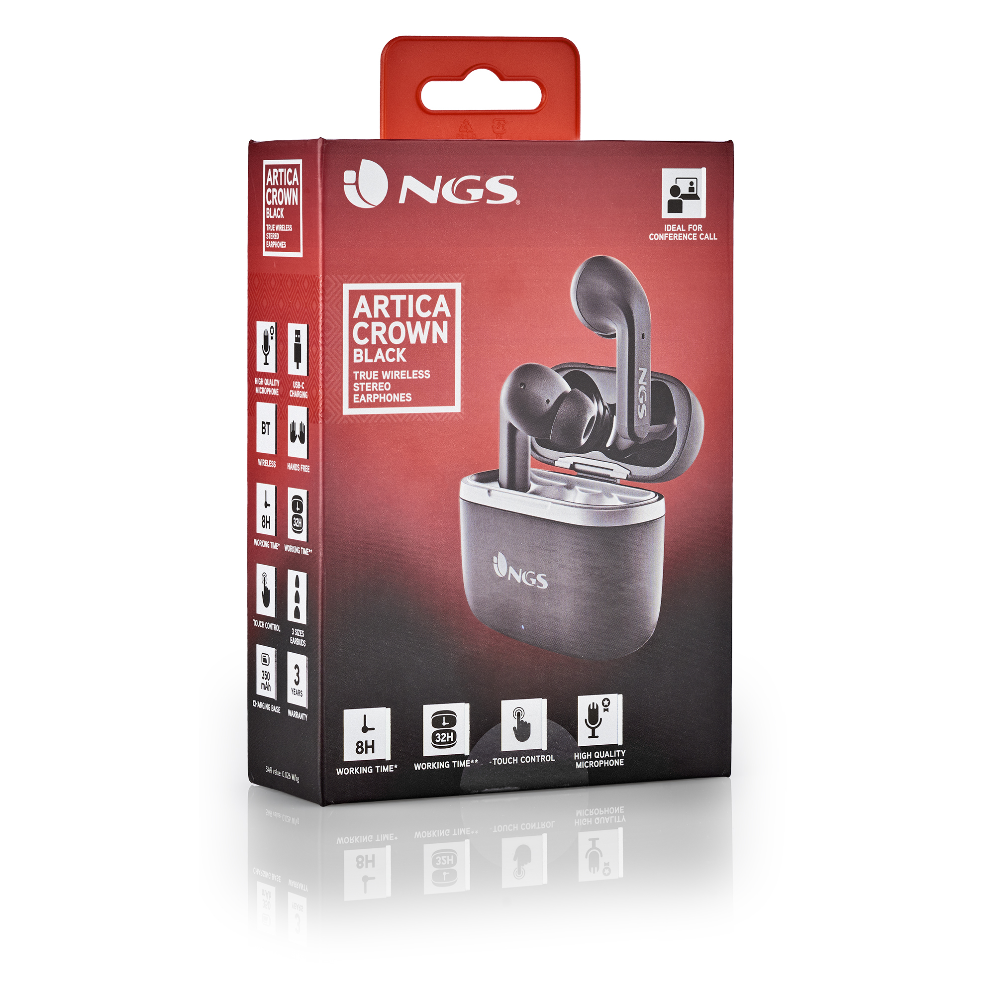 Verpackung von schwarzen NGS Artica Crown True Wireless Stereo-Ohrhörern.