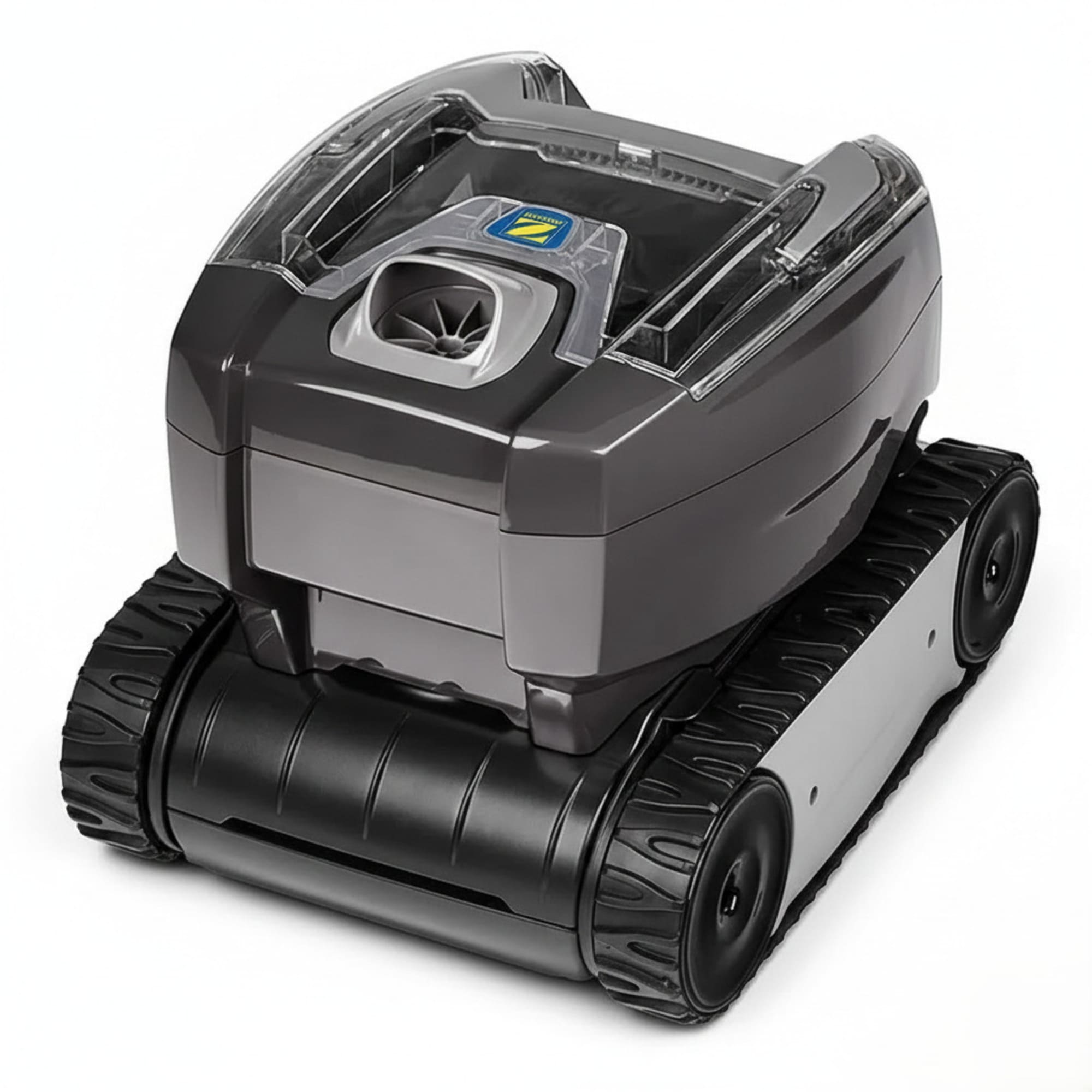 Un robot de piscina gris con orugas negras y tapa transparente.
