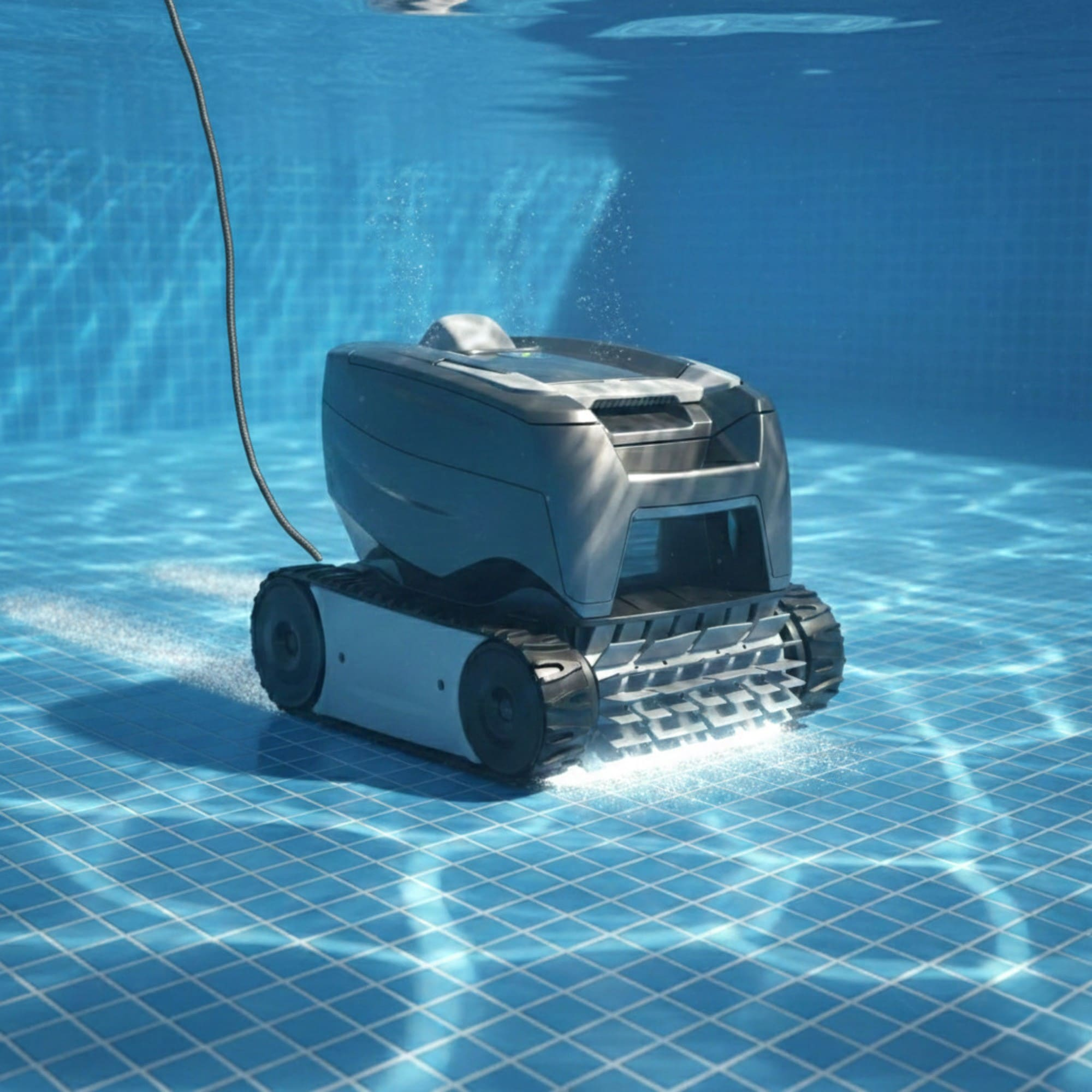 Un limpiador de piscina de orugas con cable opera en el suelo alicatado de una piscina.