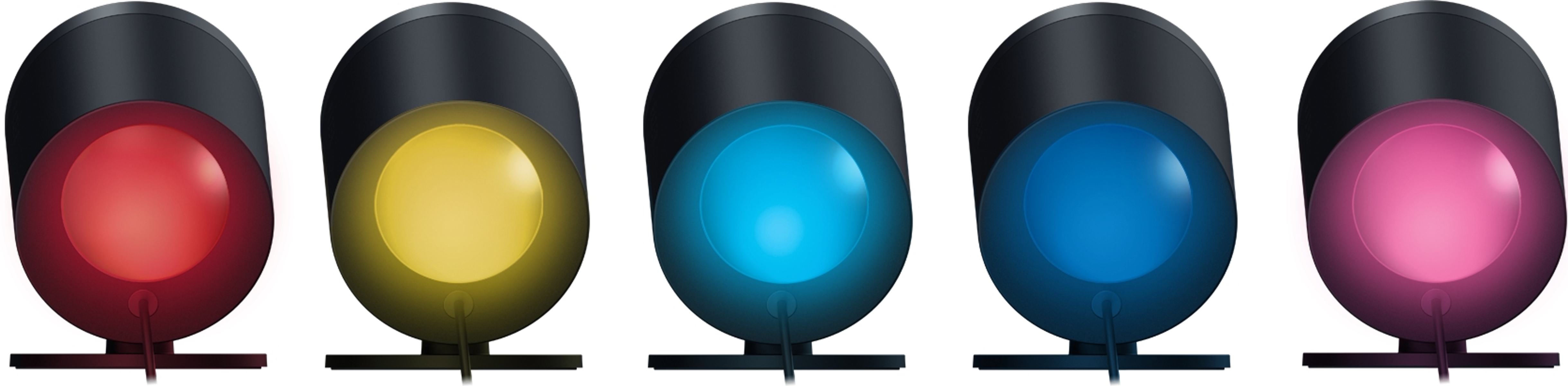 Pięć lamp w kolorach czerwonym, żółtym, niebieskim, ciemnoniebieskim i różowym.