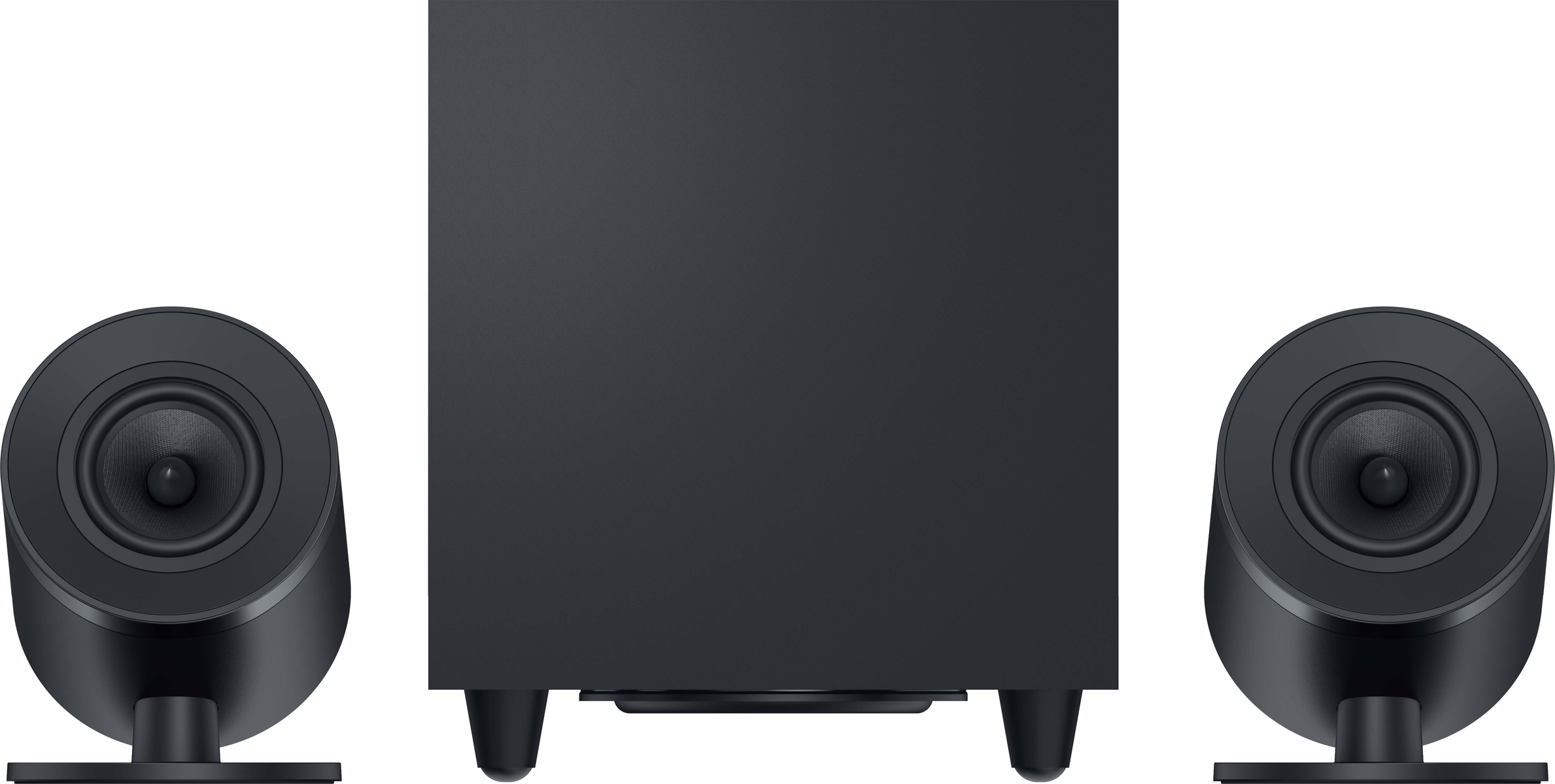 Czarny system głośnikowy z dwoma głośnikami satelitarnymi i subwooferem.