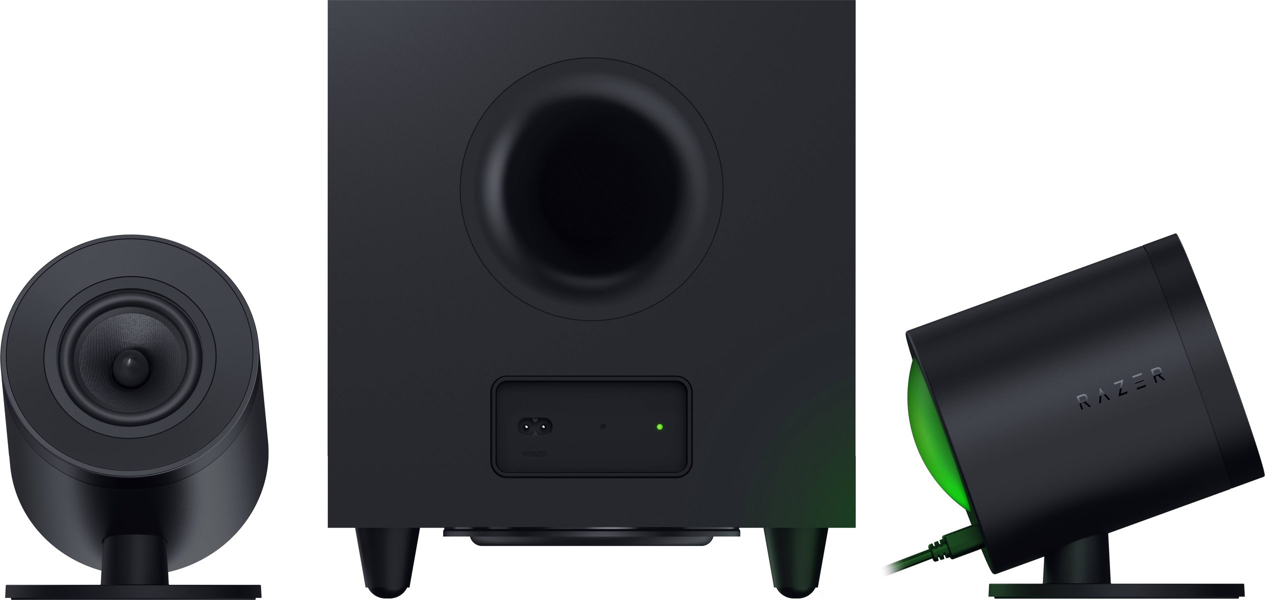 Czarny głośnik i subwoofer z zielonym podświetleniem.