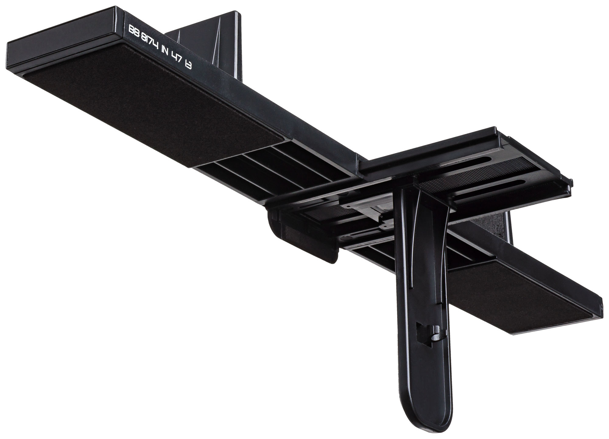 Czarny stojak na laptopa z wyściełanymi powierzchniami.