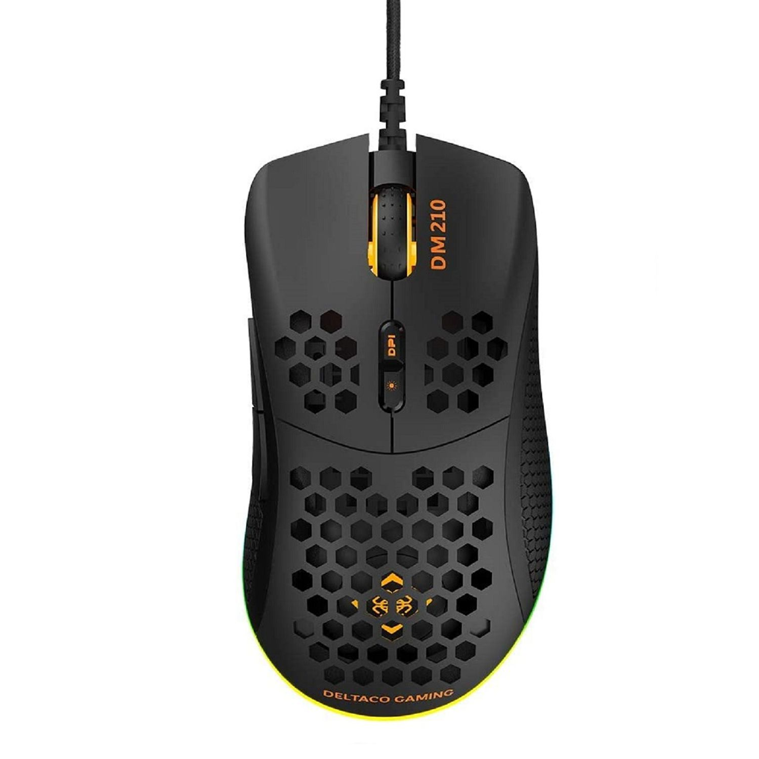 Czarna mysz gamingowa z wzorem plastra miodu, żółtymi akcentami i oświetleniem RGB.