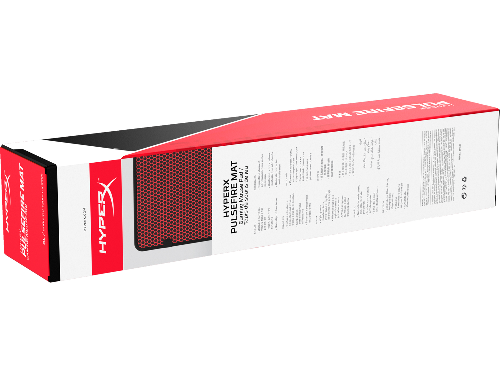 Opakowanie podkładki pod mysz gamingową HyperX Pulsefire z czerwonym wzorem kraty.