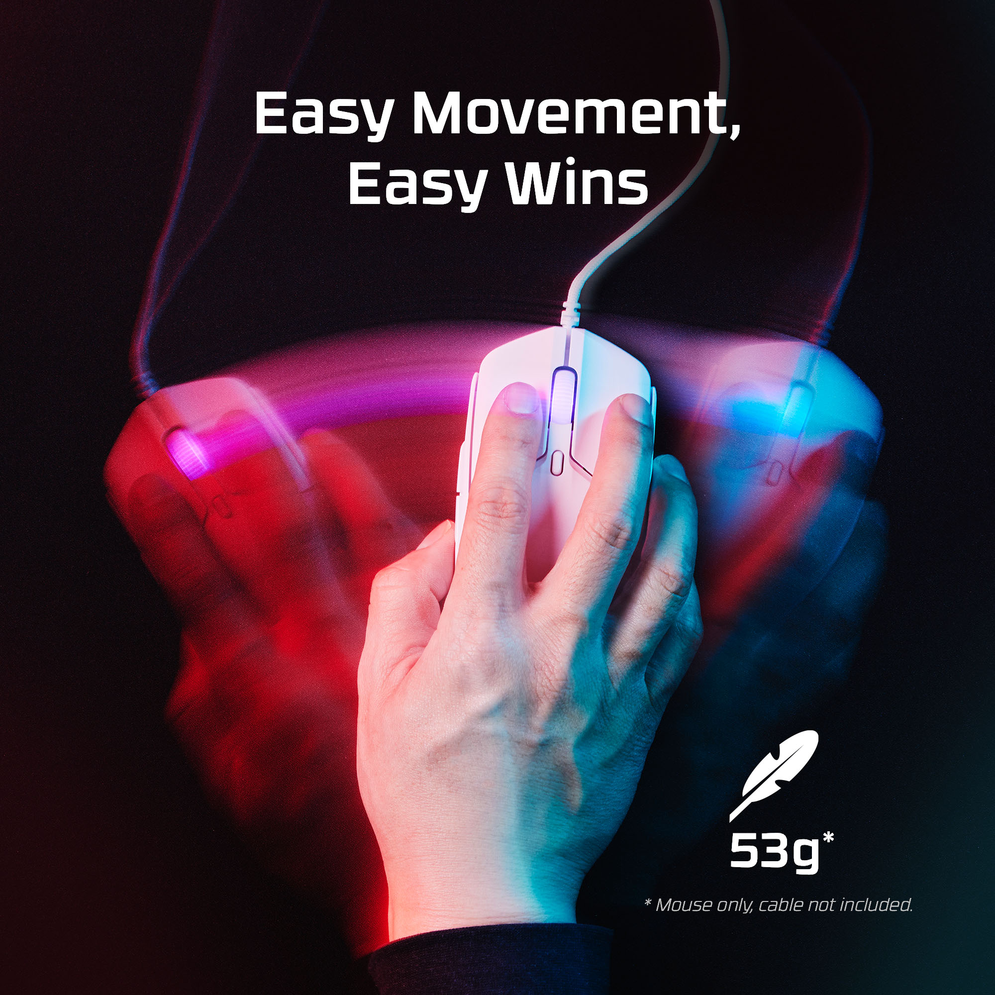 Dłoń rusza białym myszem. Tekst: 'Easy Movement, Easy Wins'. Waga 53g.