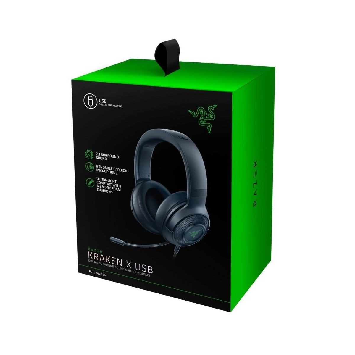Schwarzer Razer Kraken X USB Gaming-Headset-Kartons mit grünen Akzenten.