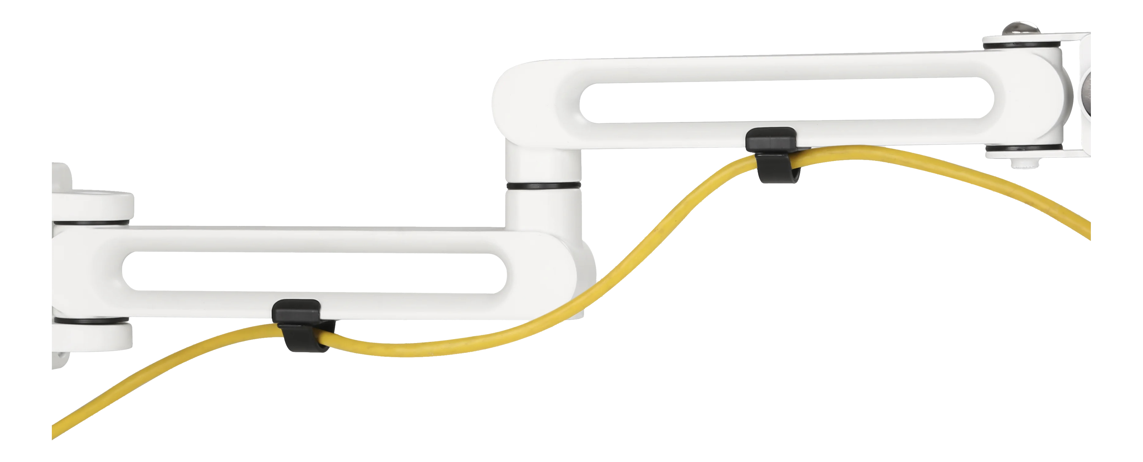 Ein weißer Gelenkarm mit gelbem Kabel und schwarzen Clips auf weißem Hintergrund.